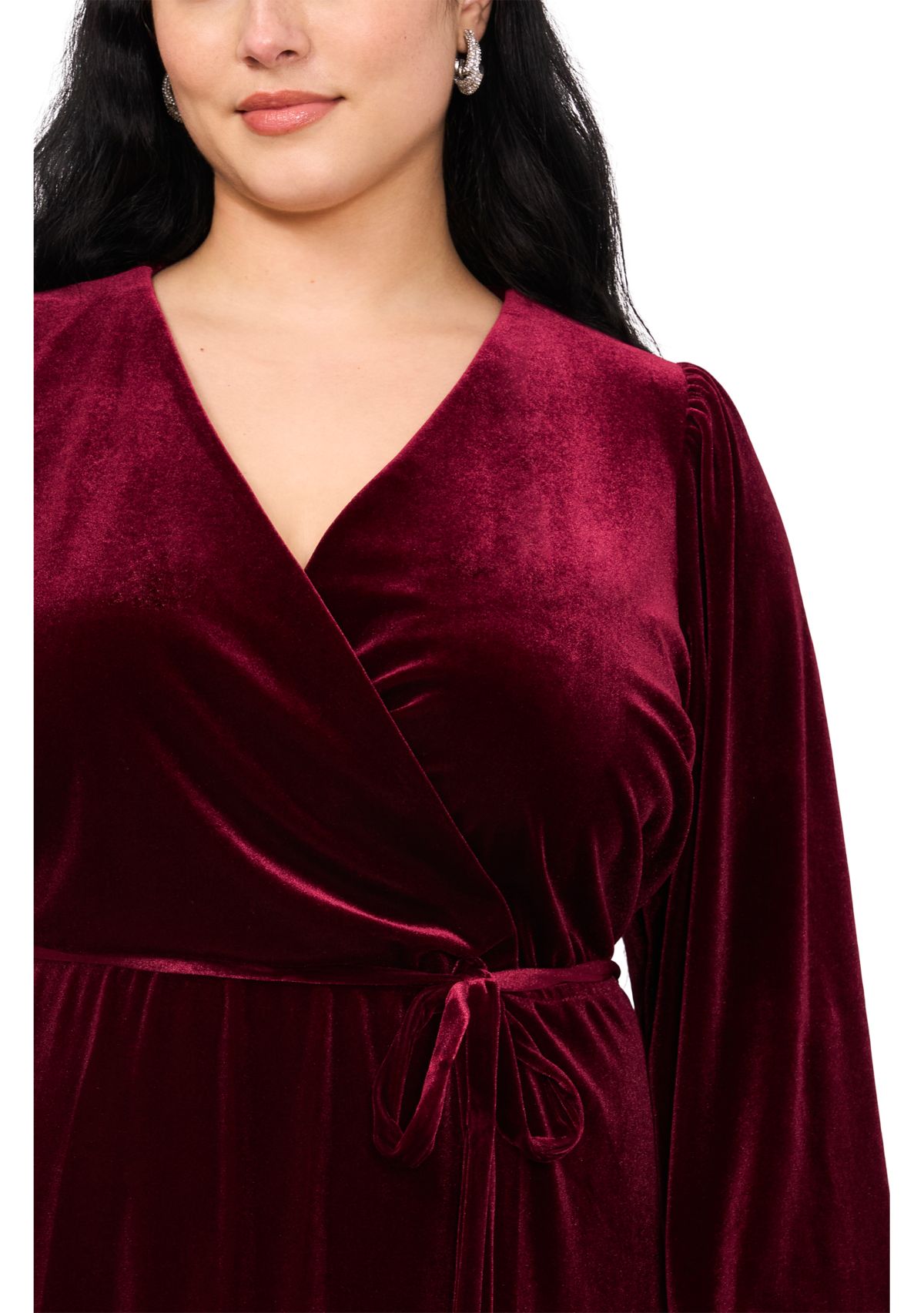 Plus Size Long Sleeve V-Neck Solid Velvet Fit and Flare Maxi Dress