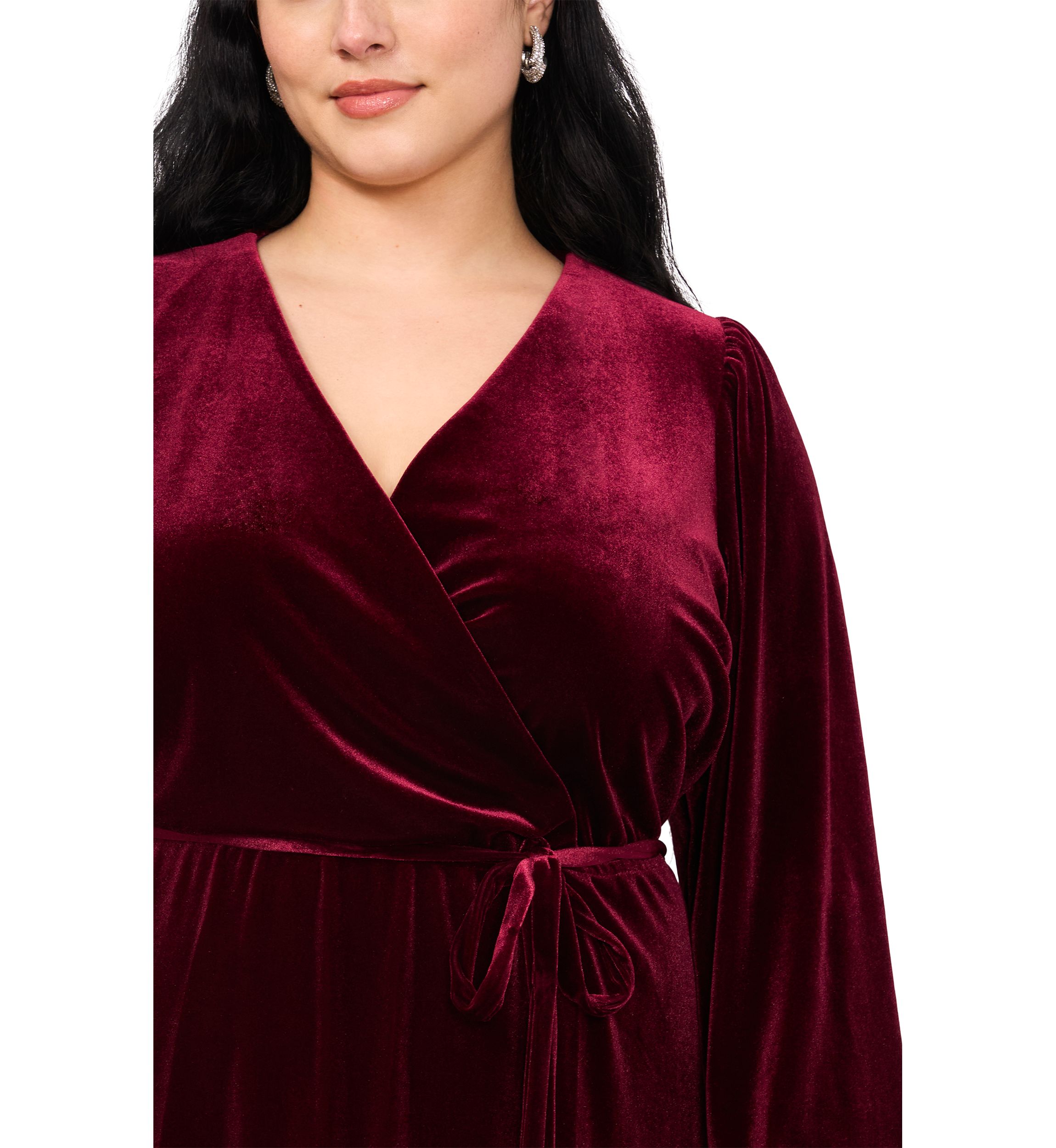 Plus Size Long Sleeve V-Neck Solid Velvet Fit and Flare Maxi Dress