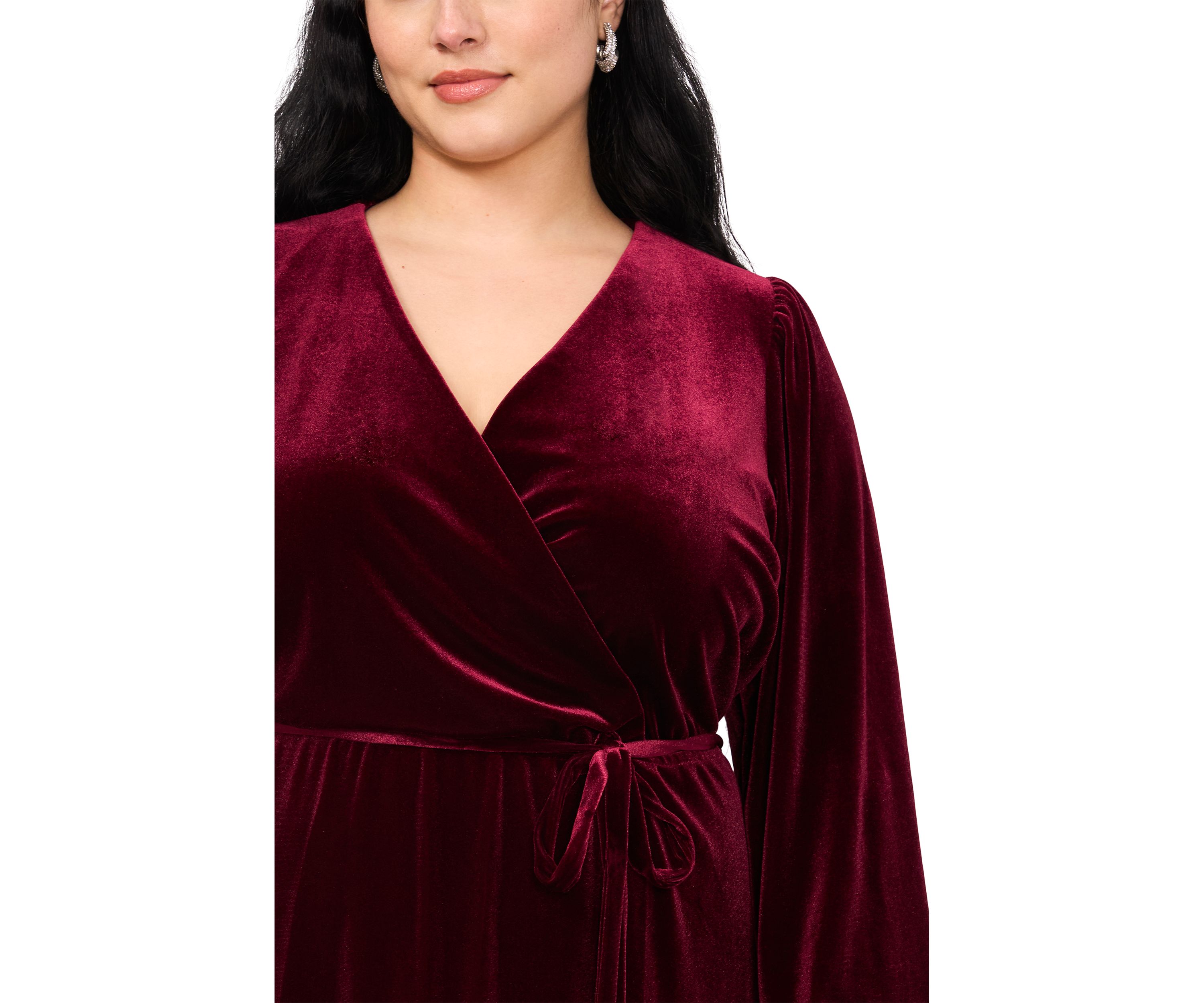 Plus Size Long Sleeve V-Neck Solid Velvet Fit and Flare Maxi Dress