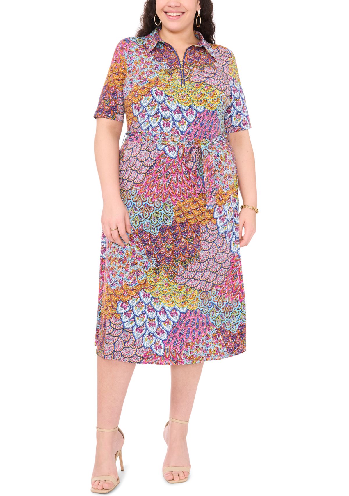 Plus Size Collared Zip Front Printed Tie Waist Fit and Flare Dress