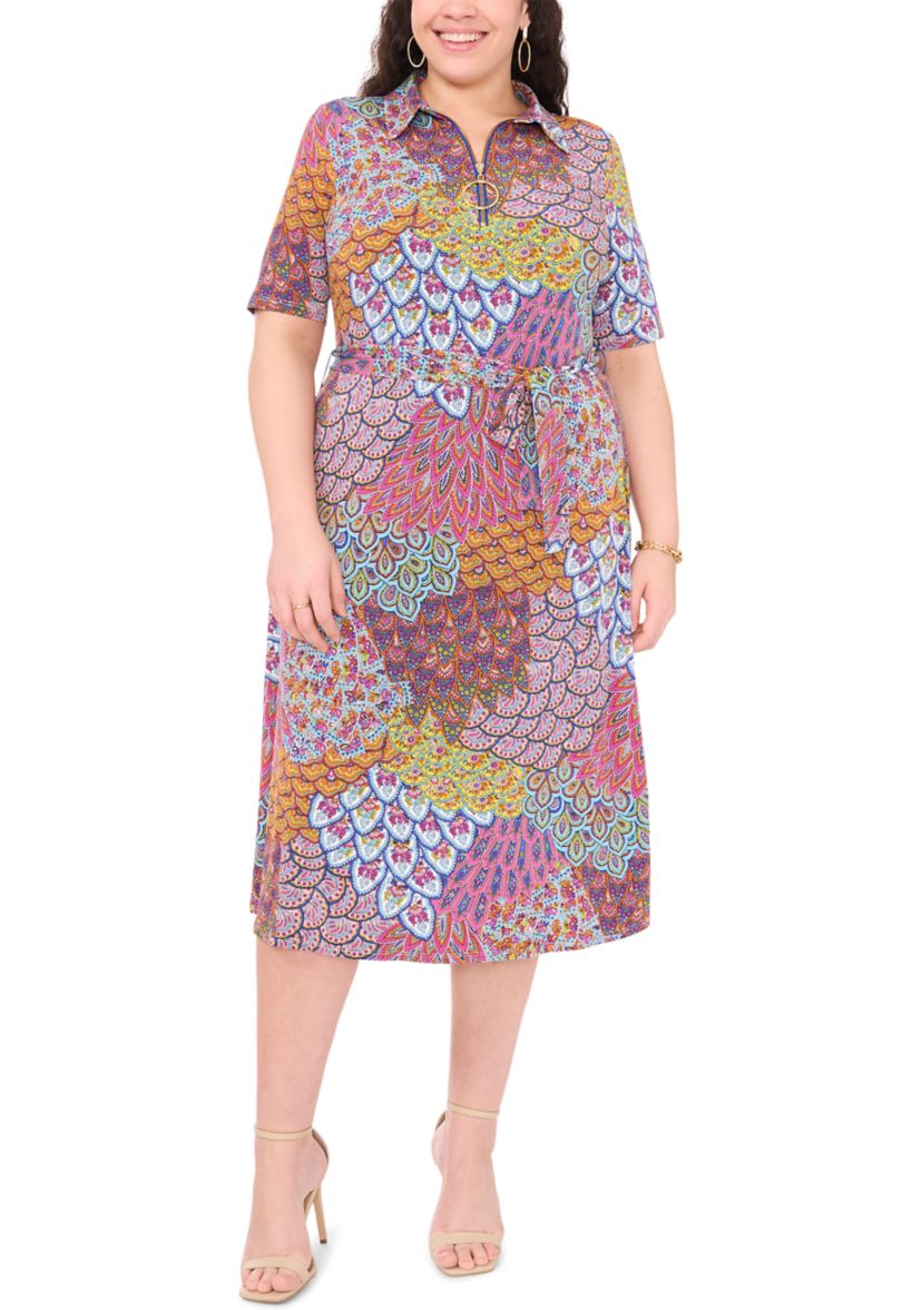Plus Size Collared Zip Front Printed Tie Waist Fit and Flare Dress