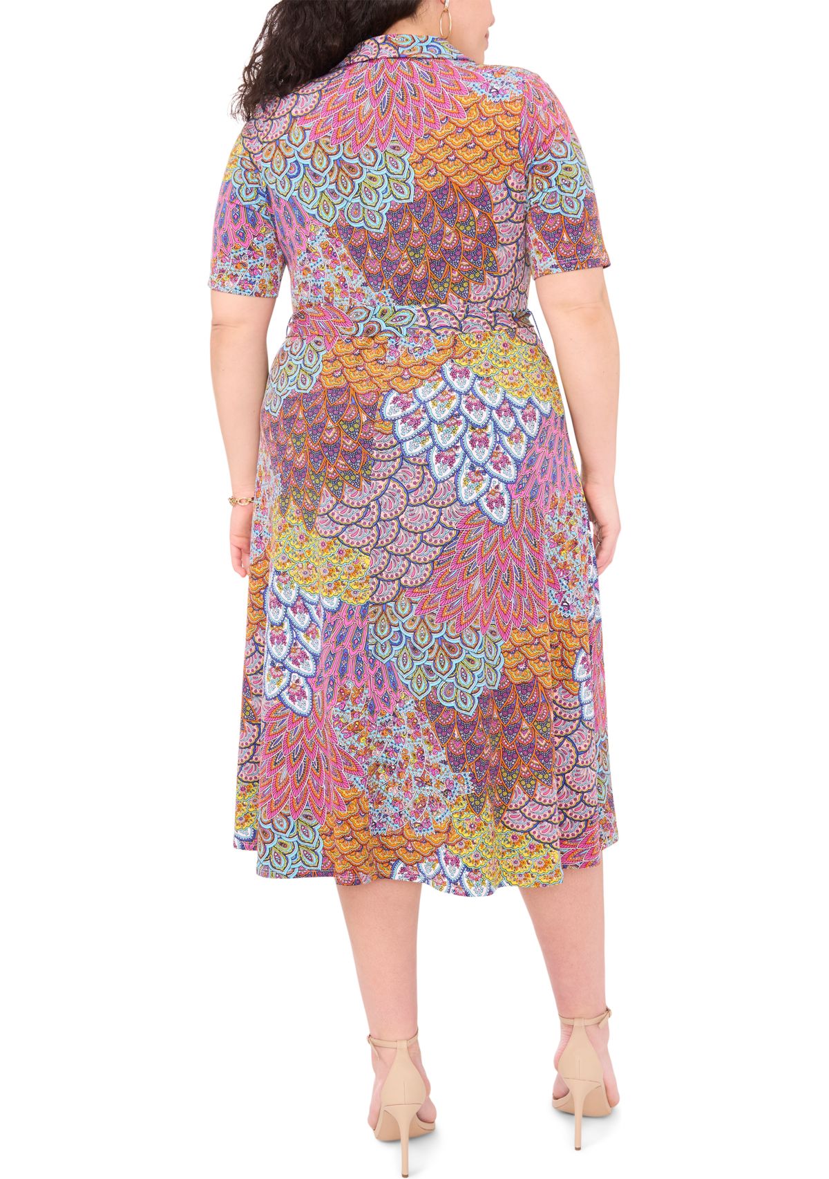 Plus Size Collared Zip Front Printed Tie Waist Fit and Flare Dress
