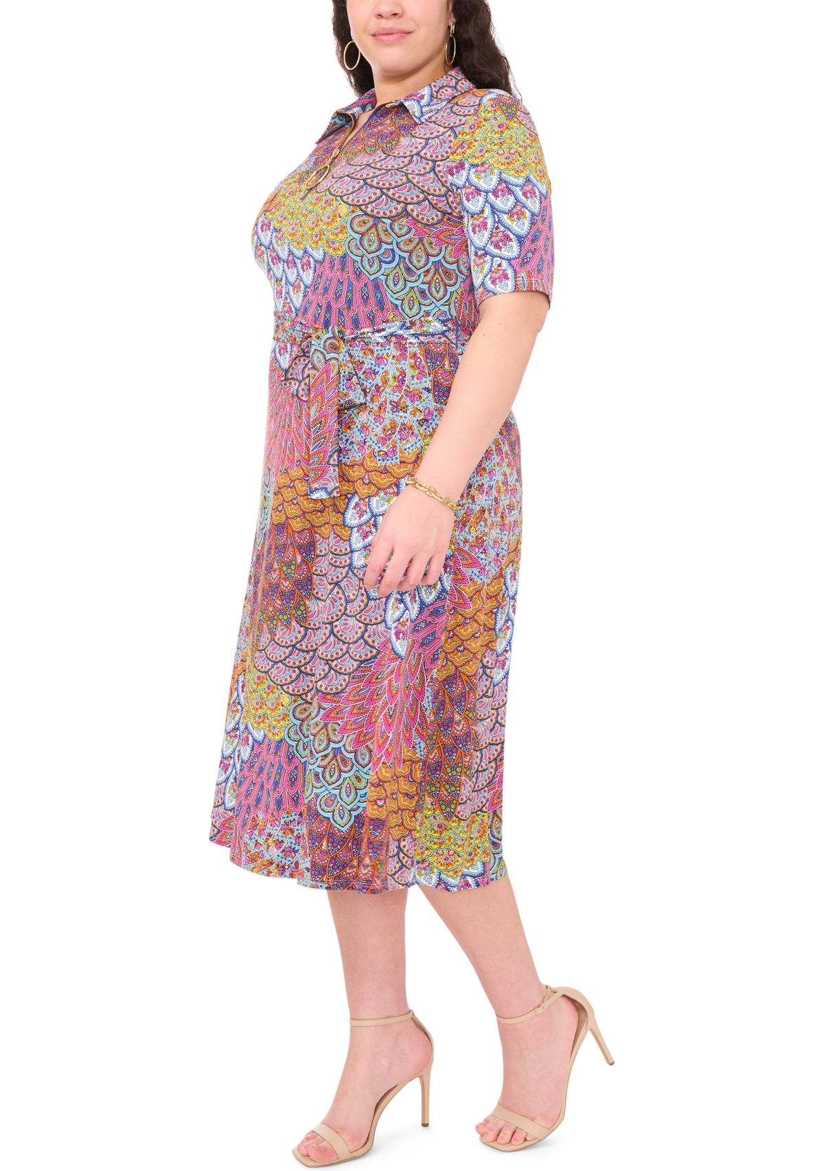 Plus Size Collared Zip Front Printed Tie Waist Fit and Flare Dress