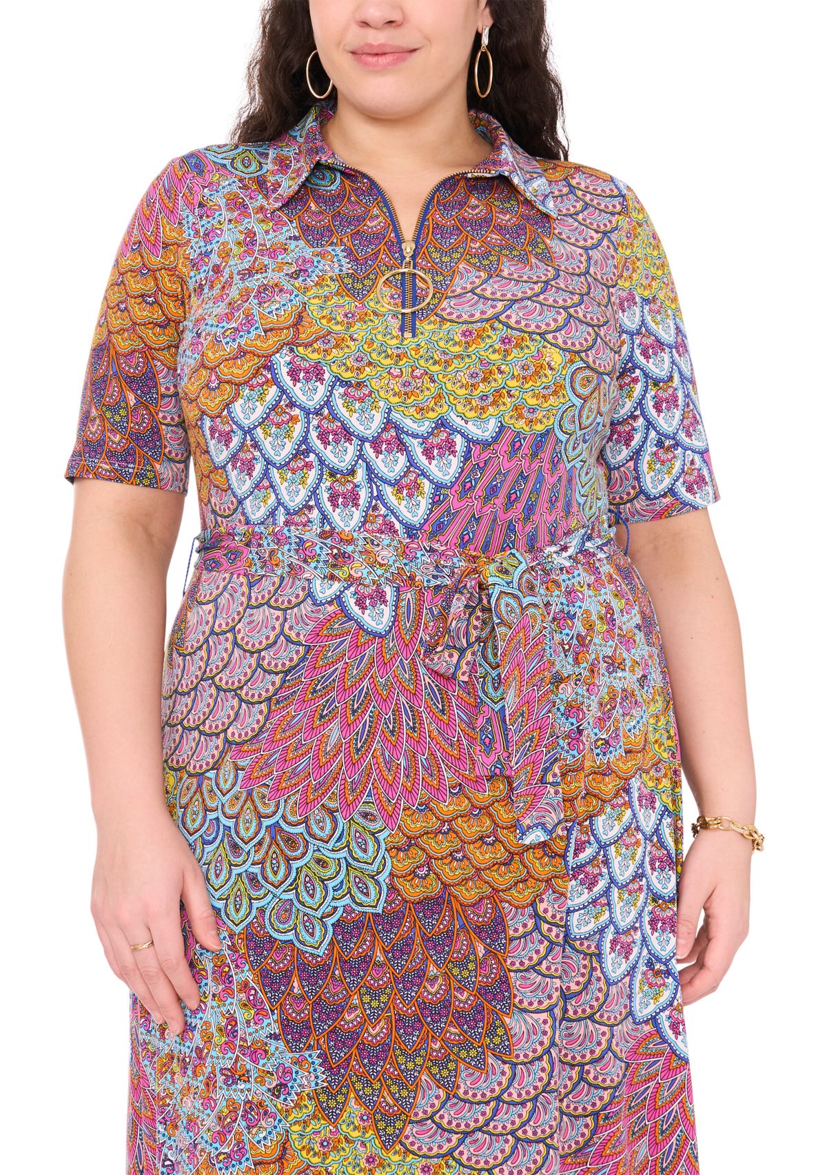 Plus Size Collared Zip Front Printed Tie Waist Fit and Flare Dress
