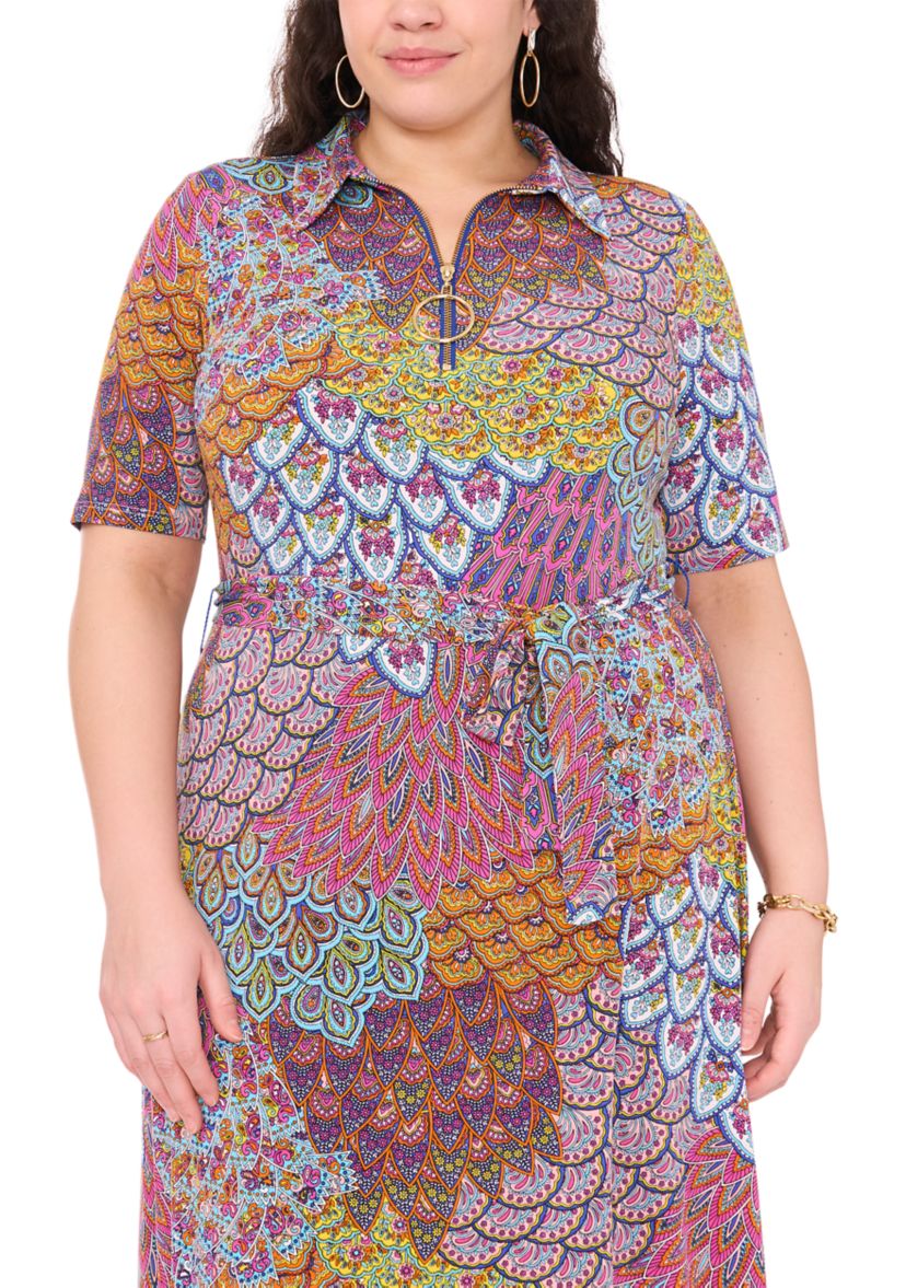 Plus Size Collared Zip Front Printed Tie Waist Fit and Flare Dress