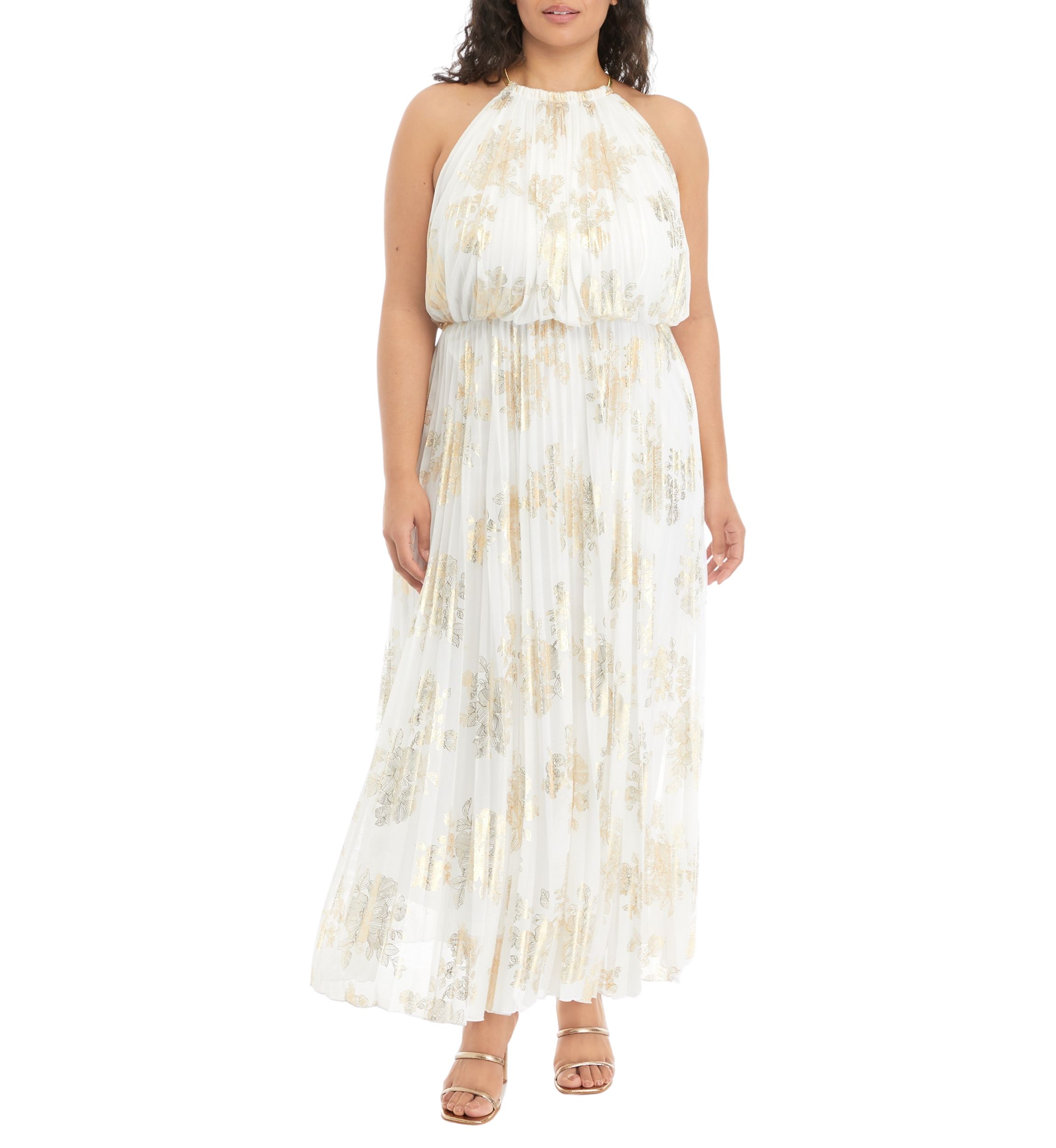 Plus Size Halter Neck Foil Print Maxi Dress