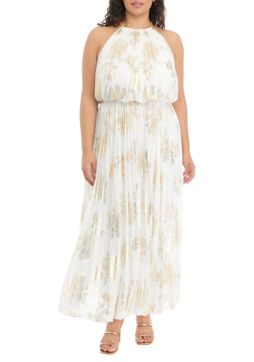 Plus Size Halter Neck Foil Print Maxi Dress