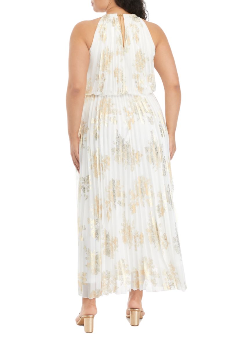 Plus Size Halter Neck Foil Print Maxi Dress