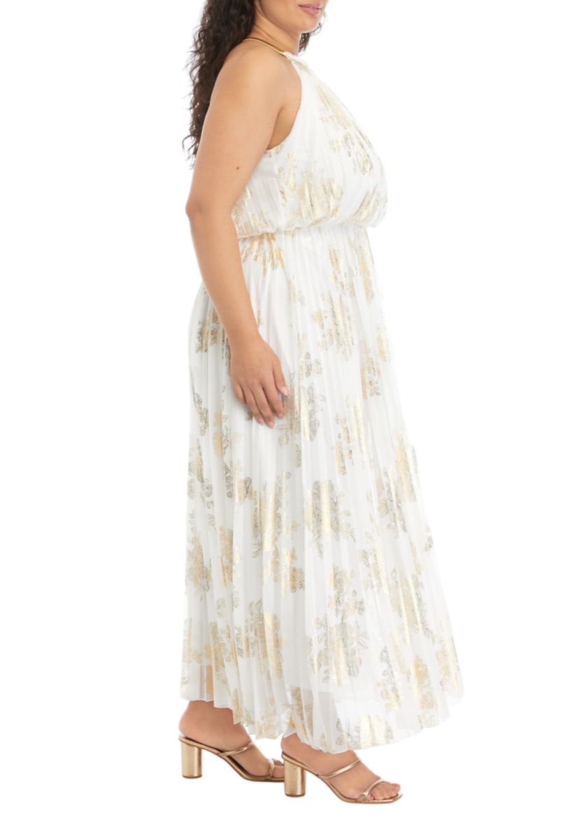 Plus Size Halter Neck Foil Print Maxi Dress