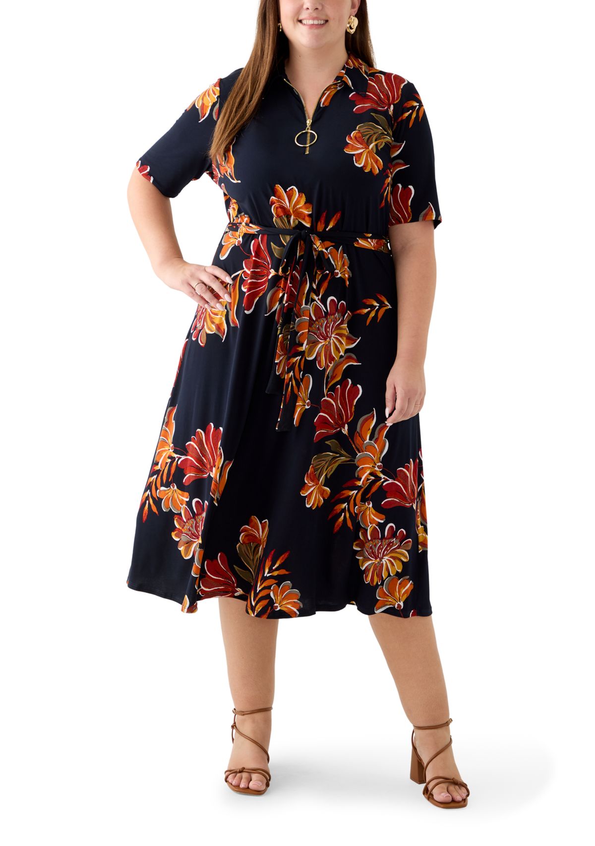 Plus Size Short Sleeve Zip Collar Floral Print Fit and Flare Dress