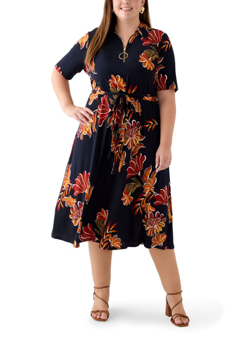 Plus Size Short Sleeve Zip Collar Floral Print Fit and Flare Dress