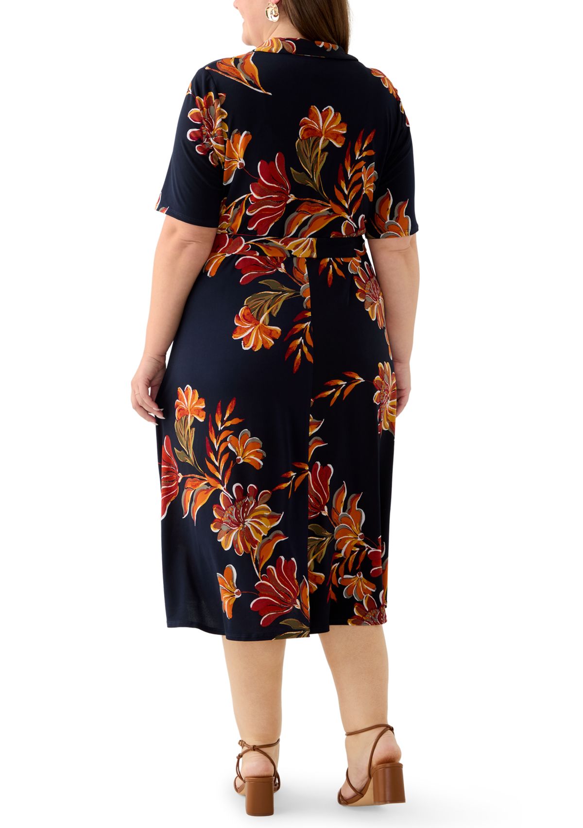 Plus Size Short Sleeve Zip Collar Floral Print Fit and Flare Dress