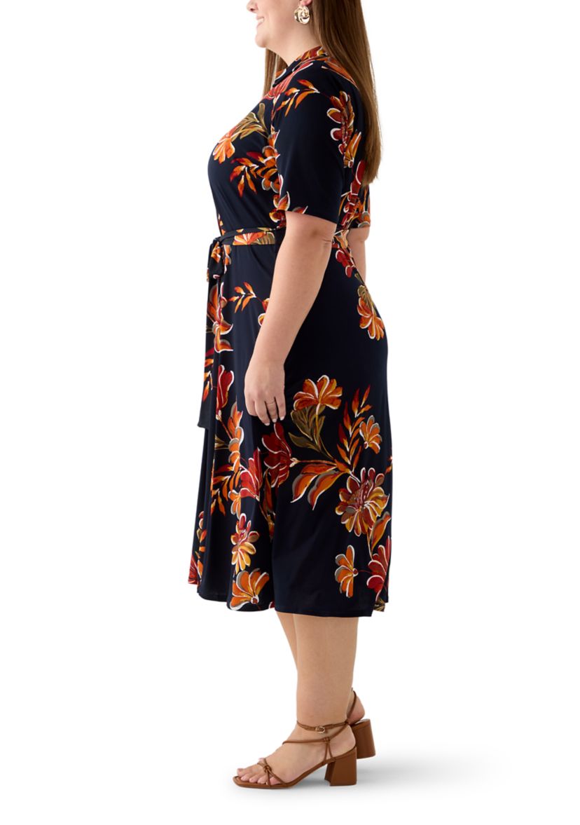 Plus Size Short Sleeve Zip Collar Floral Print Fit and Flare Dress