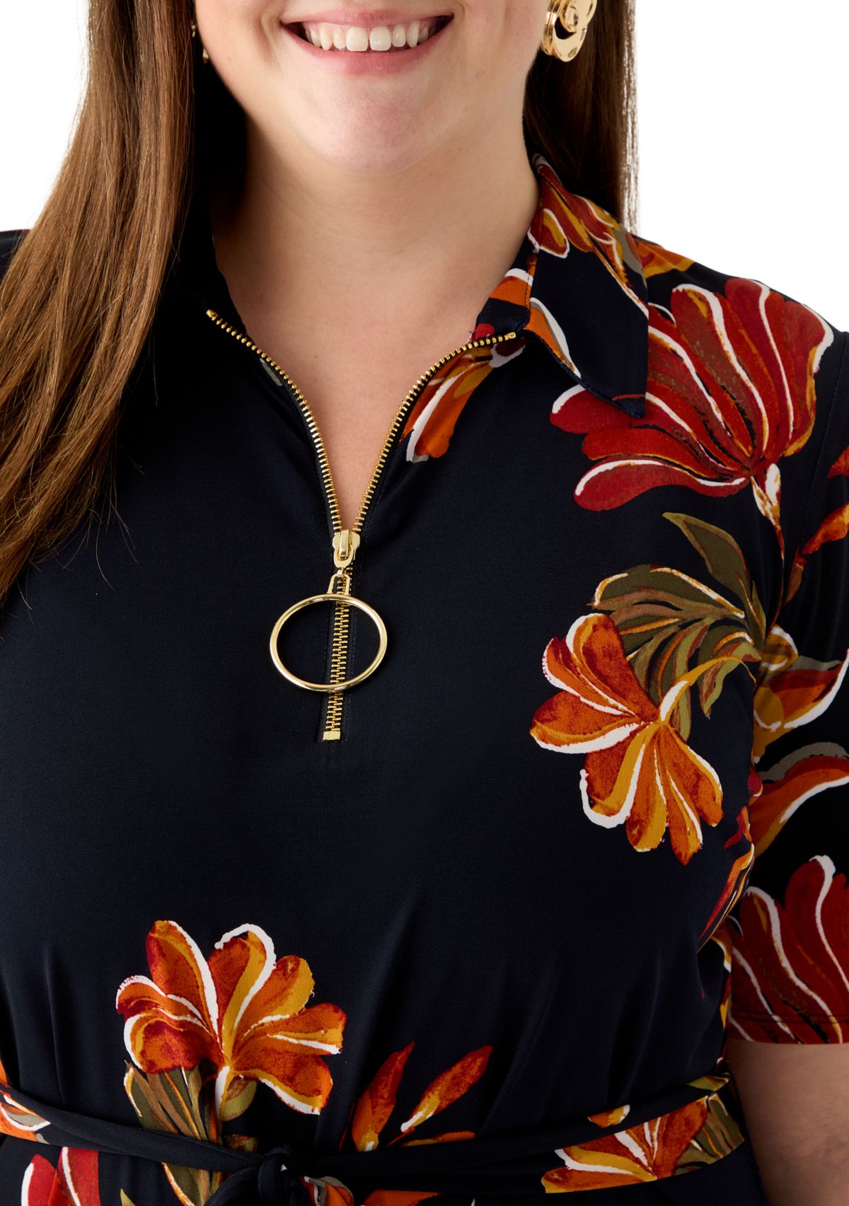 Plus Size Short Sleeve Zip Collar Floral Print Fit and Flare Dress