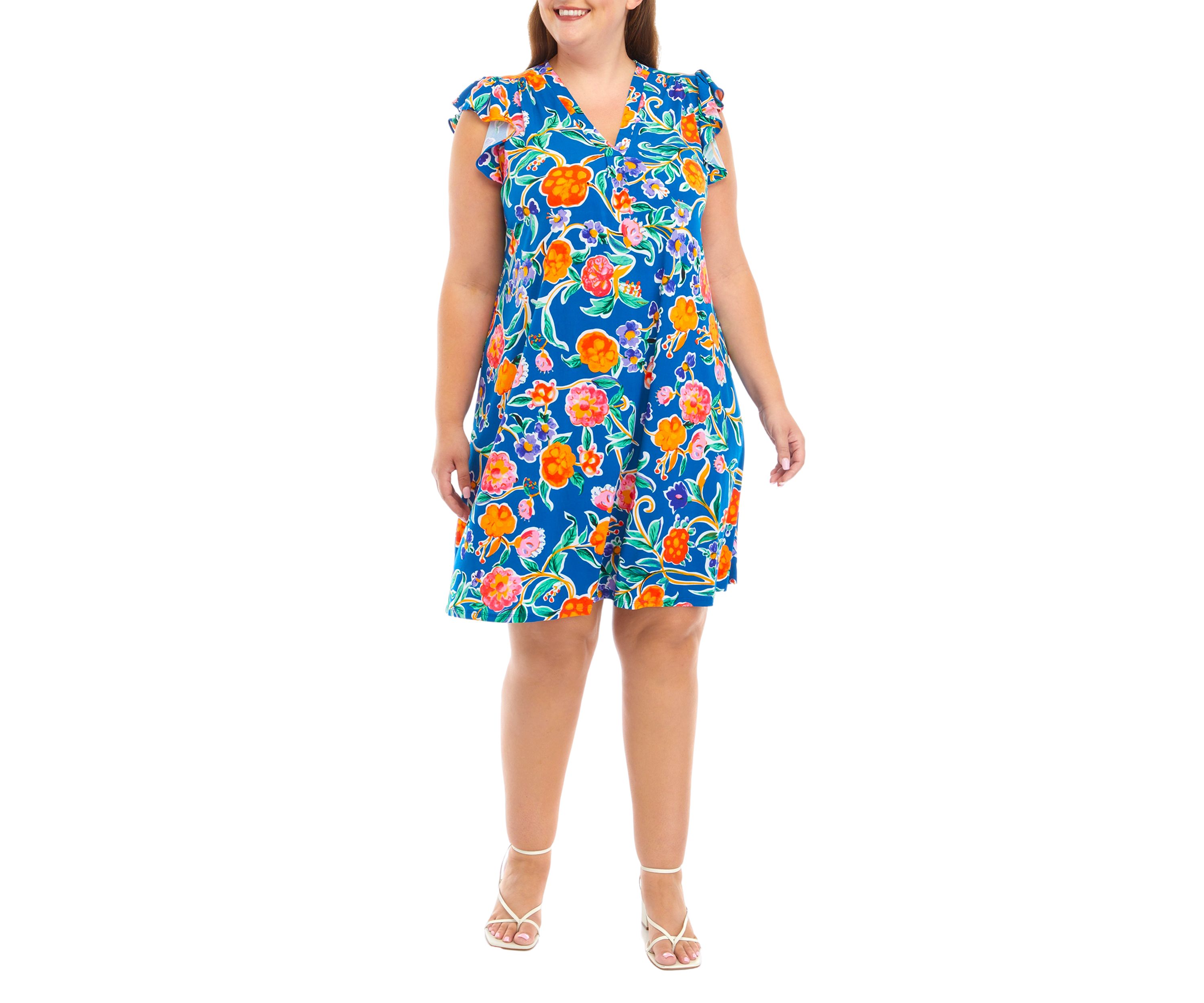 Plus Size Ruffle Short Sleeve V-Neck Floral Print Fit and Flare Dress