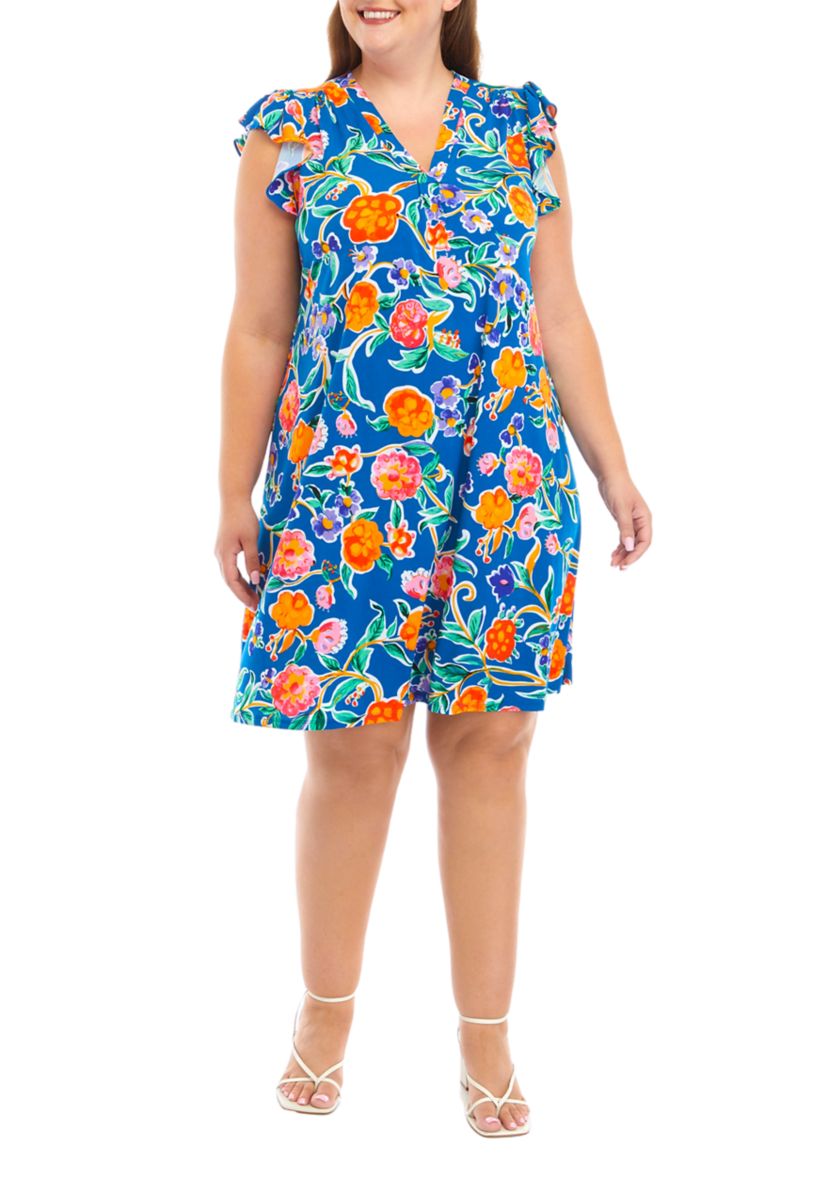 Plus Size Ruffle Short Sleeve V-Neck Floral Print Fit and Flare Dress