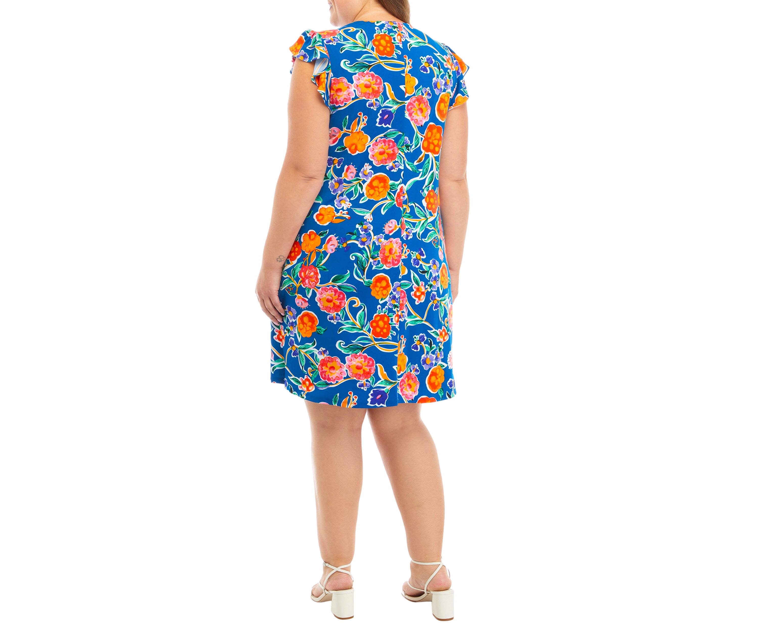 Plus Size Ruffle Short Sleeve V-Neck Floral Print Fit and Flare Dress