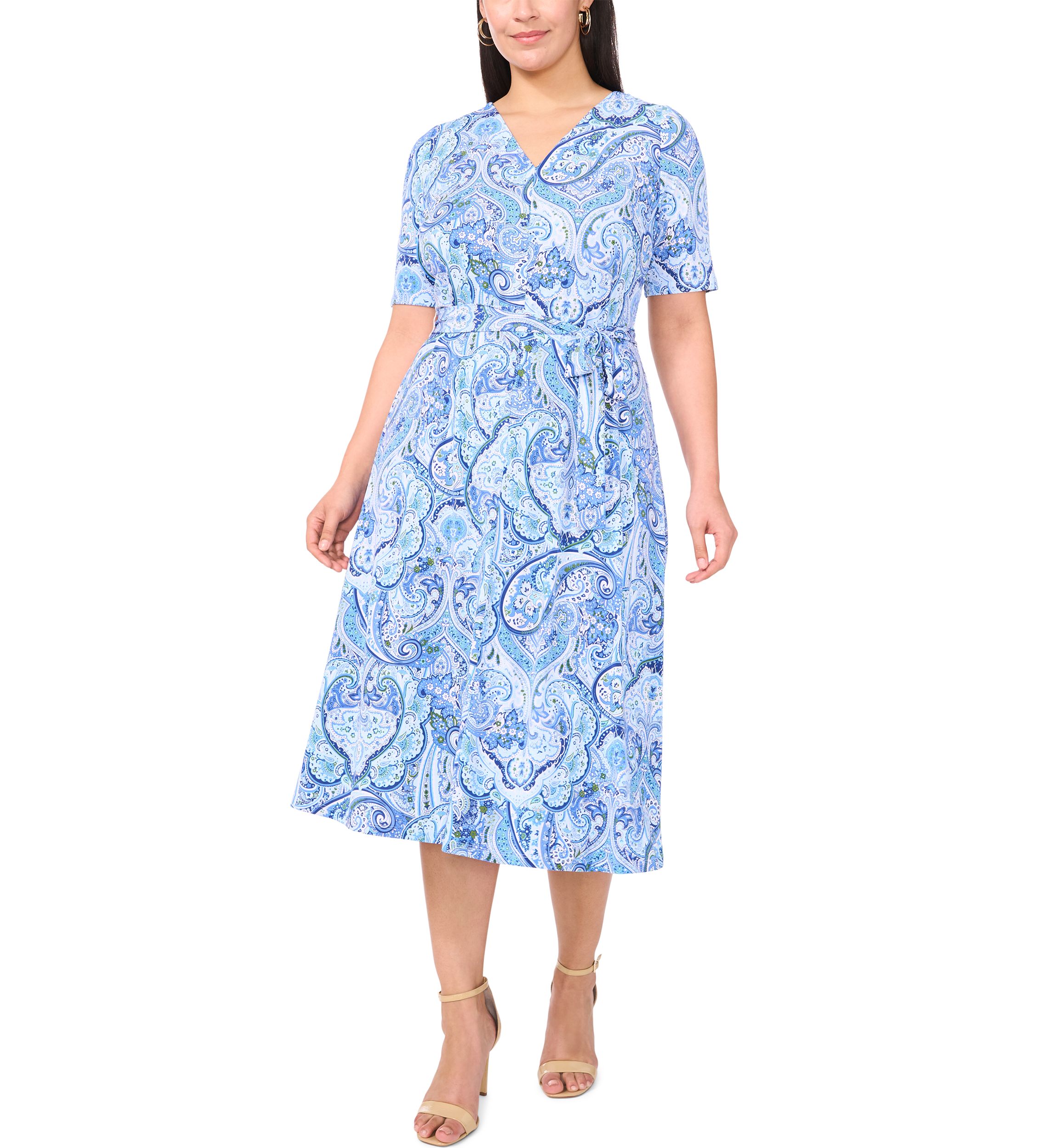 Plus Size V-Neck Paisley Printed Midi Dress