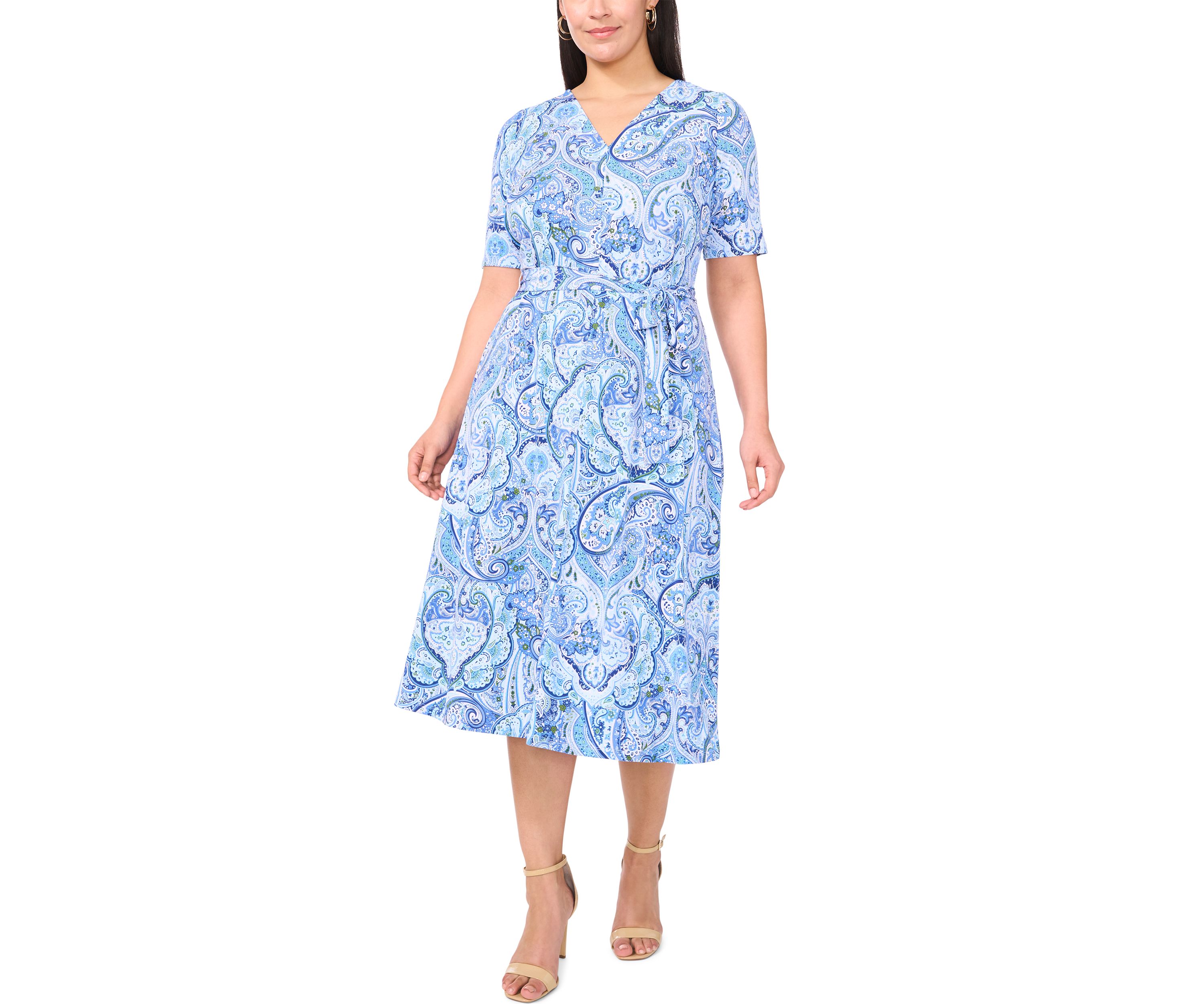 Plus Size V-Neck Paisley Printed Midi Dress