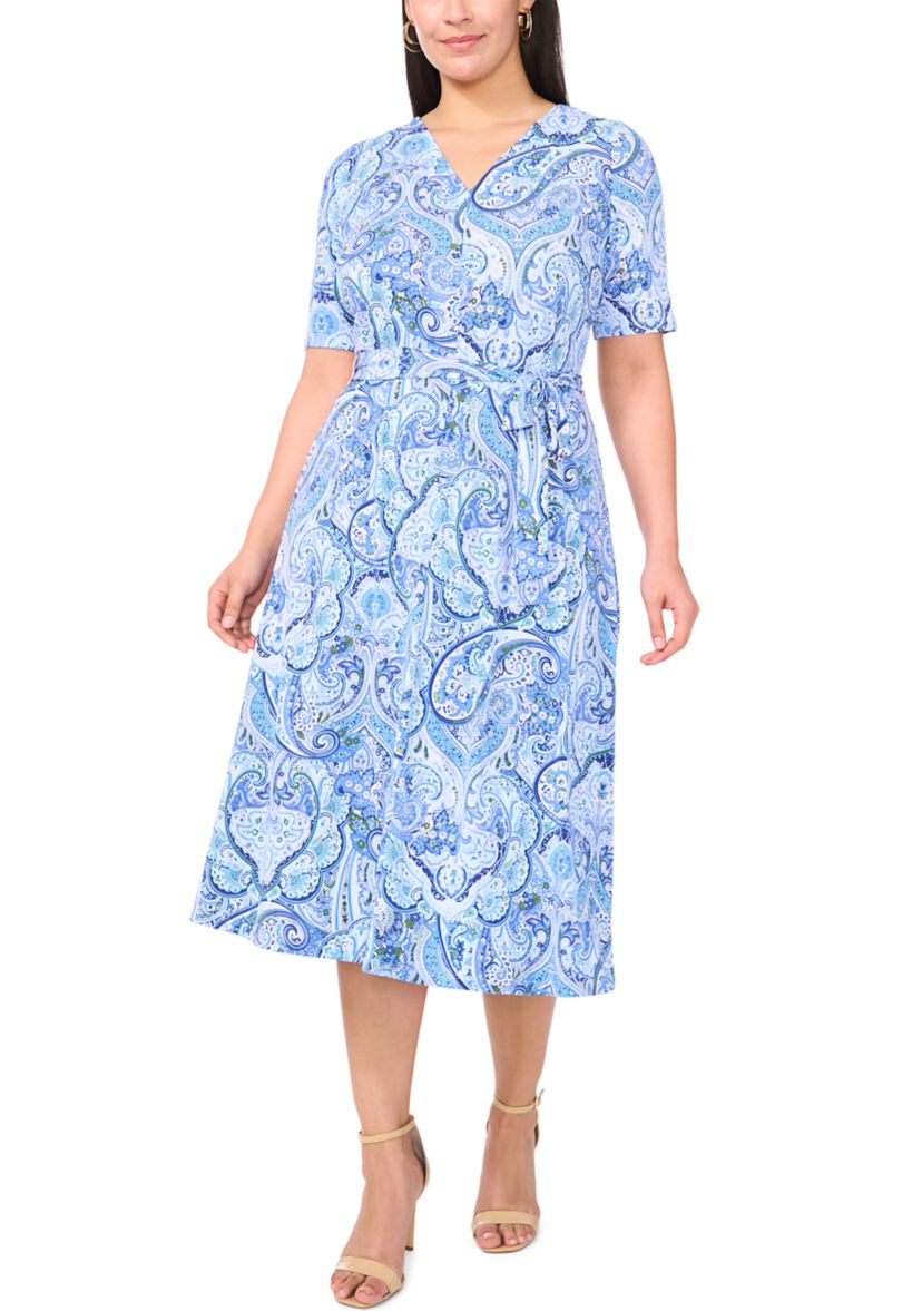 Plus Size V-Neck Paisley Printed Midi Dress