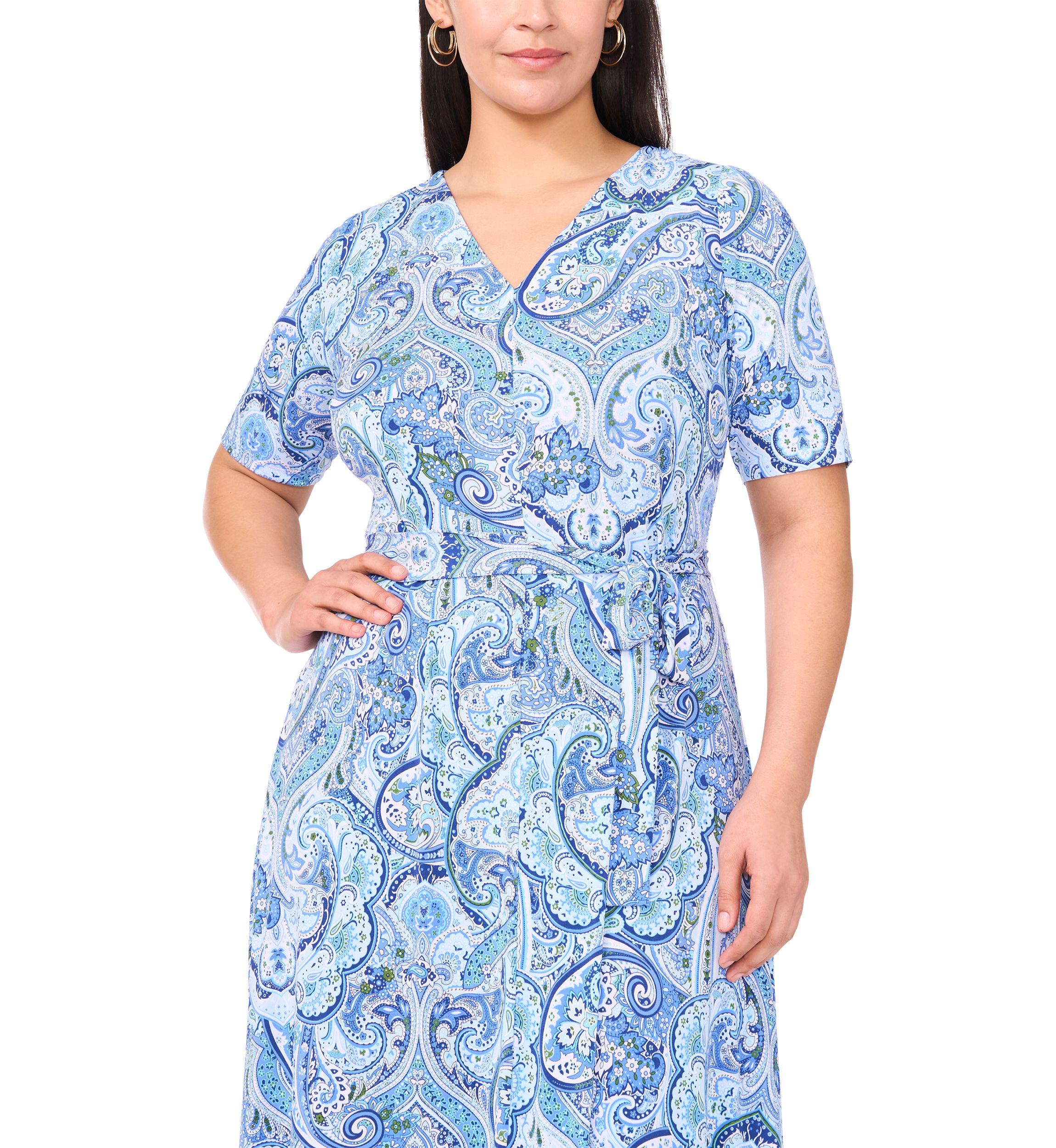Plus Size V-Neck Paisley Printed Midi Dress