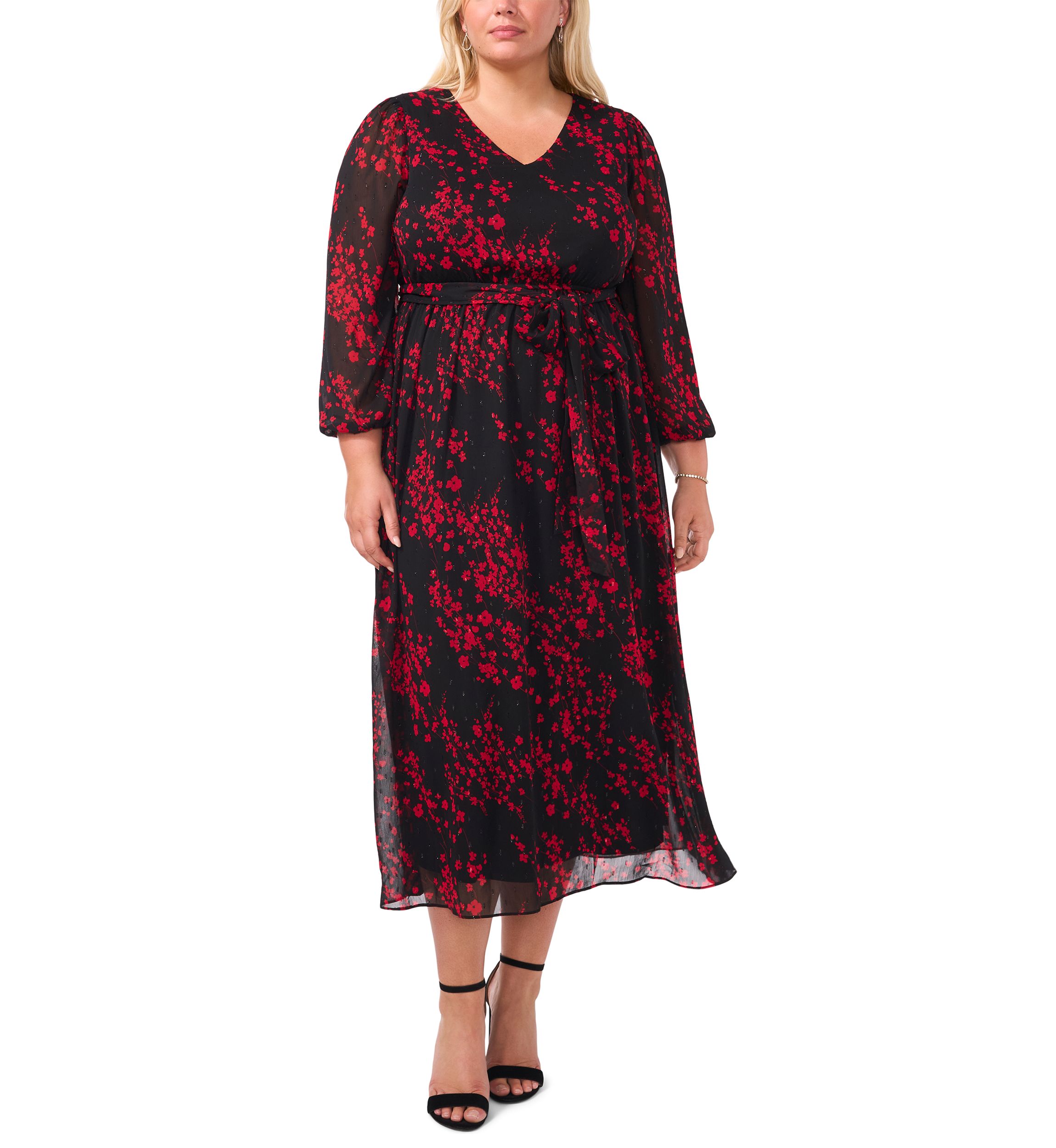 Plus Size Long Sleeve V-Neck Printed Chiffon A-Line Dress