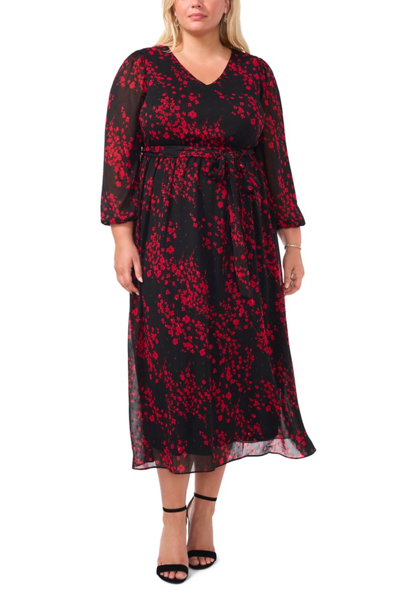 Plus Size Long Sleeve V-Neck Printed Chiffon A-Line Dress