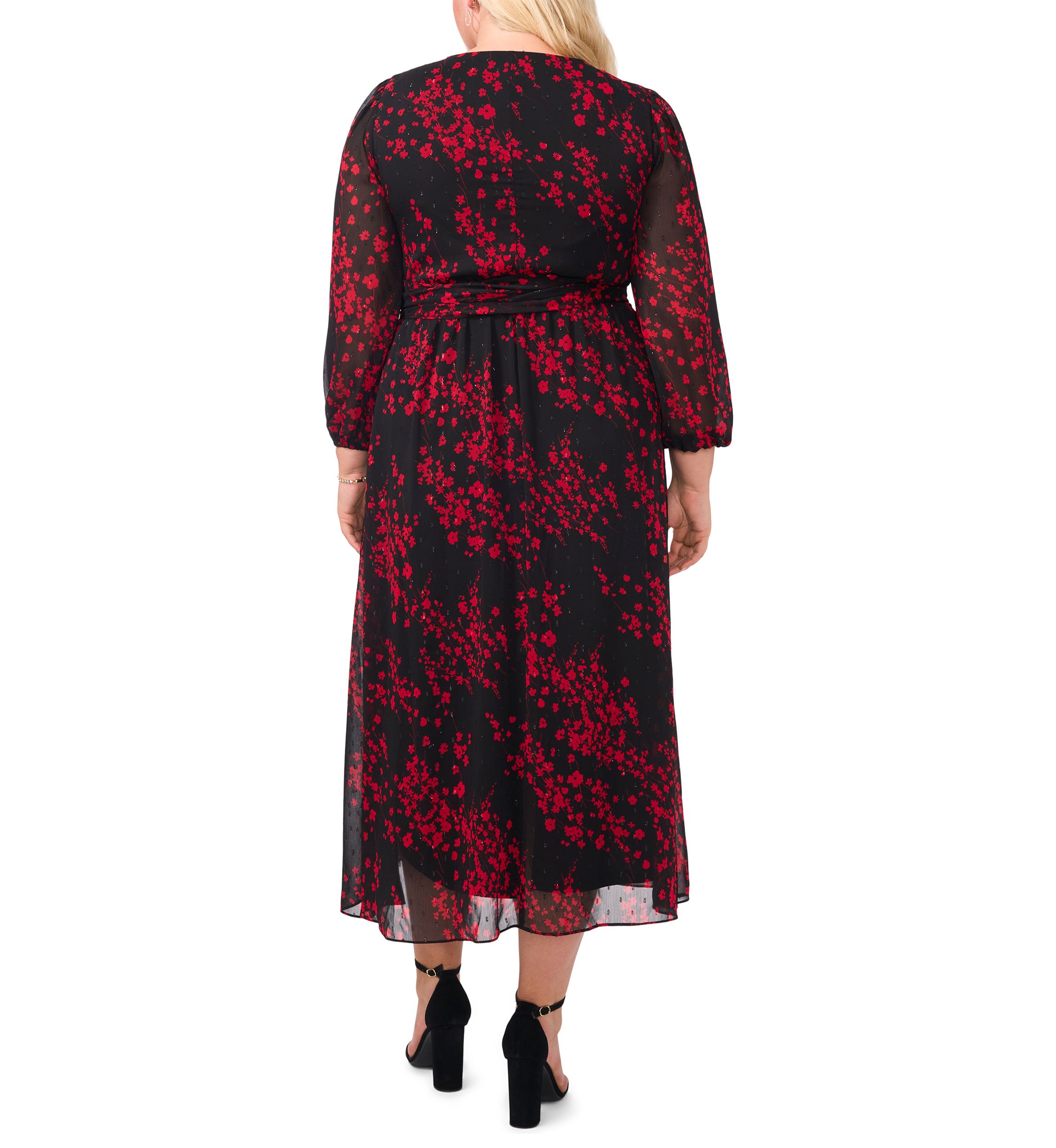 Plus Size Long Sleeve V-Neck Printed Chiffon A-Line Dress