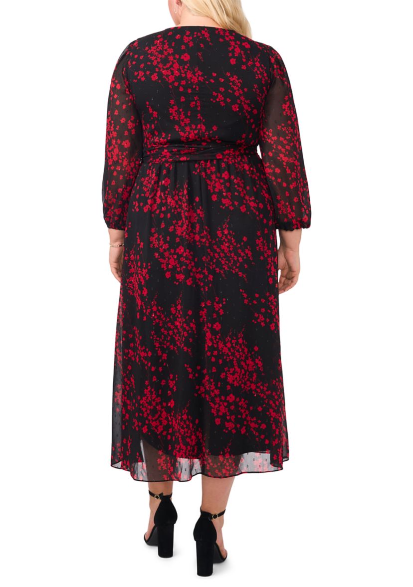 Plus Size Long Sleeve V-Neck Printed Chiffon A-Line Dress