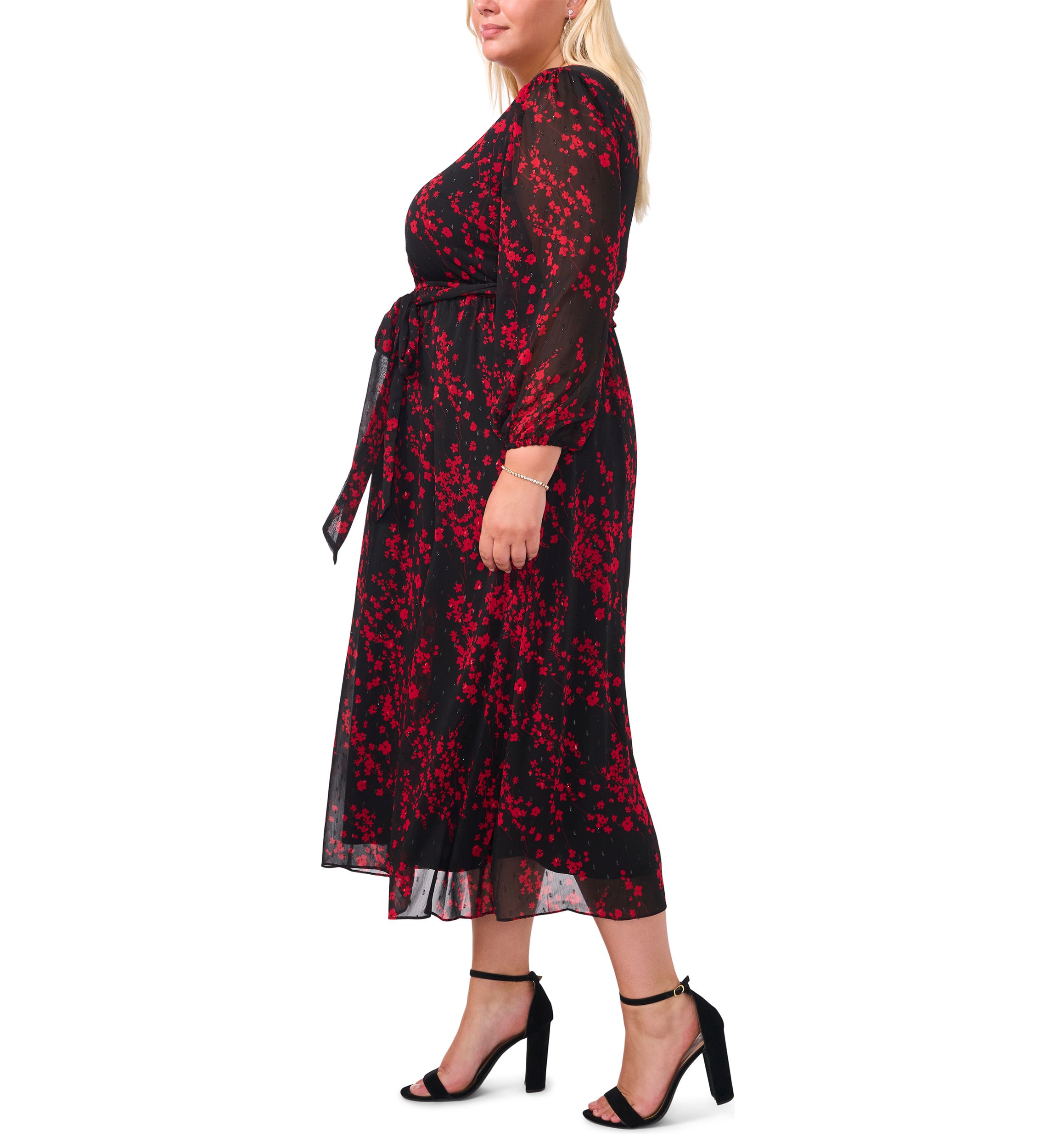 Plus Size Long Sleeve V-Neck Printed Chiffon A-Line Dress