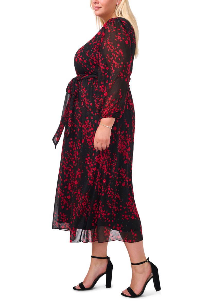 Plus Size Long Sleeve V-Neck Printed Chiffon A-Line Dress