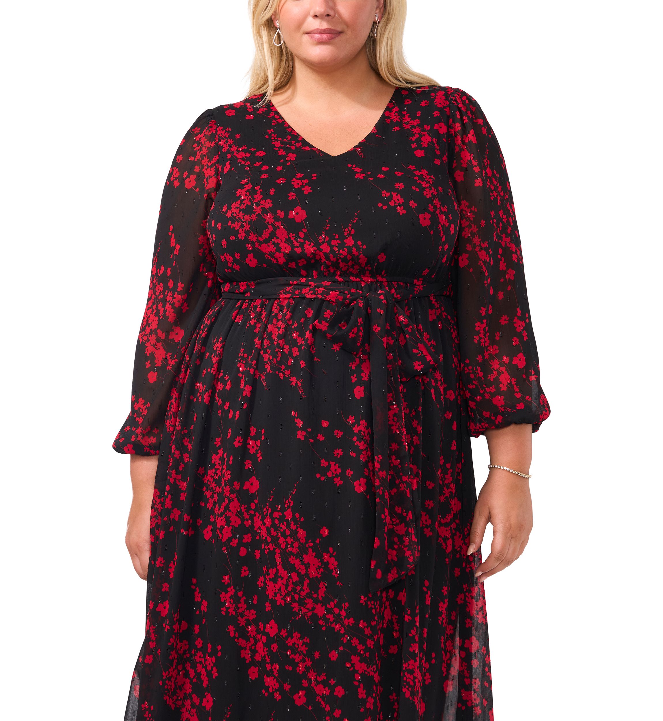 Plus Size Long Sleeve V-Neck Printed Chiffon A-Line Dress