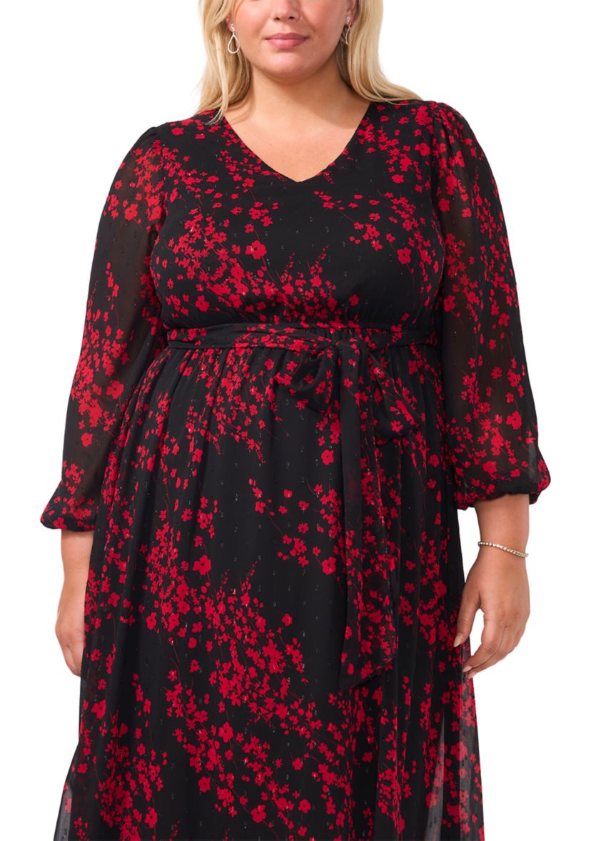 Plus Size Long Sleeve V-Neck Printed Chiffon A-Line Dress