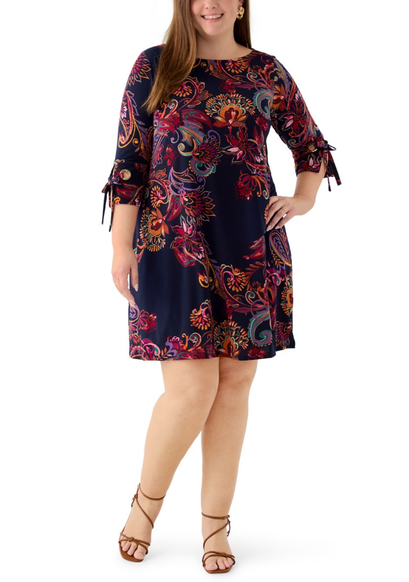 Plus Size 3-Quarter Sleeve Boat Neck Paisley Print A-Line Dress
