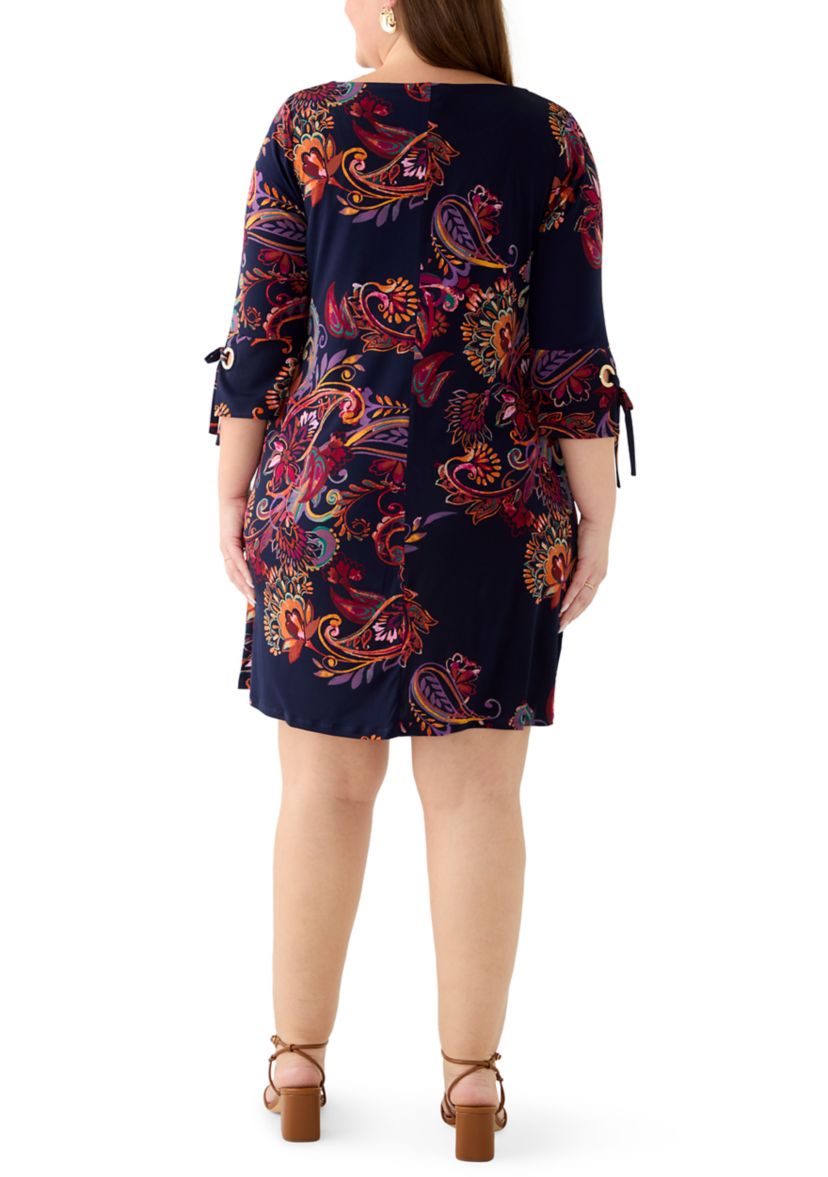Plus Size 3-Quarter Sleeve Boat Neck Paisley Print A-Line Dress