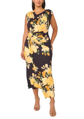 MSK Women's Plus Size Floral Printed Ponte Sheath Dress, Gold, 3XL