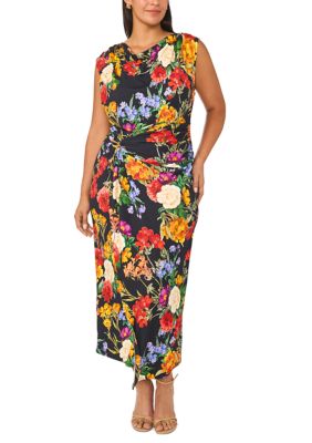 MSK Women's Plus Size Sleeveless Floral Printed Ponte Sheath Dress, Black, 3XL