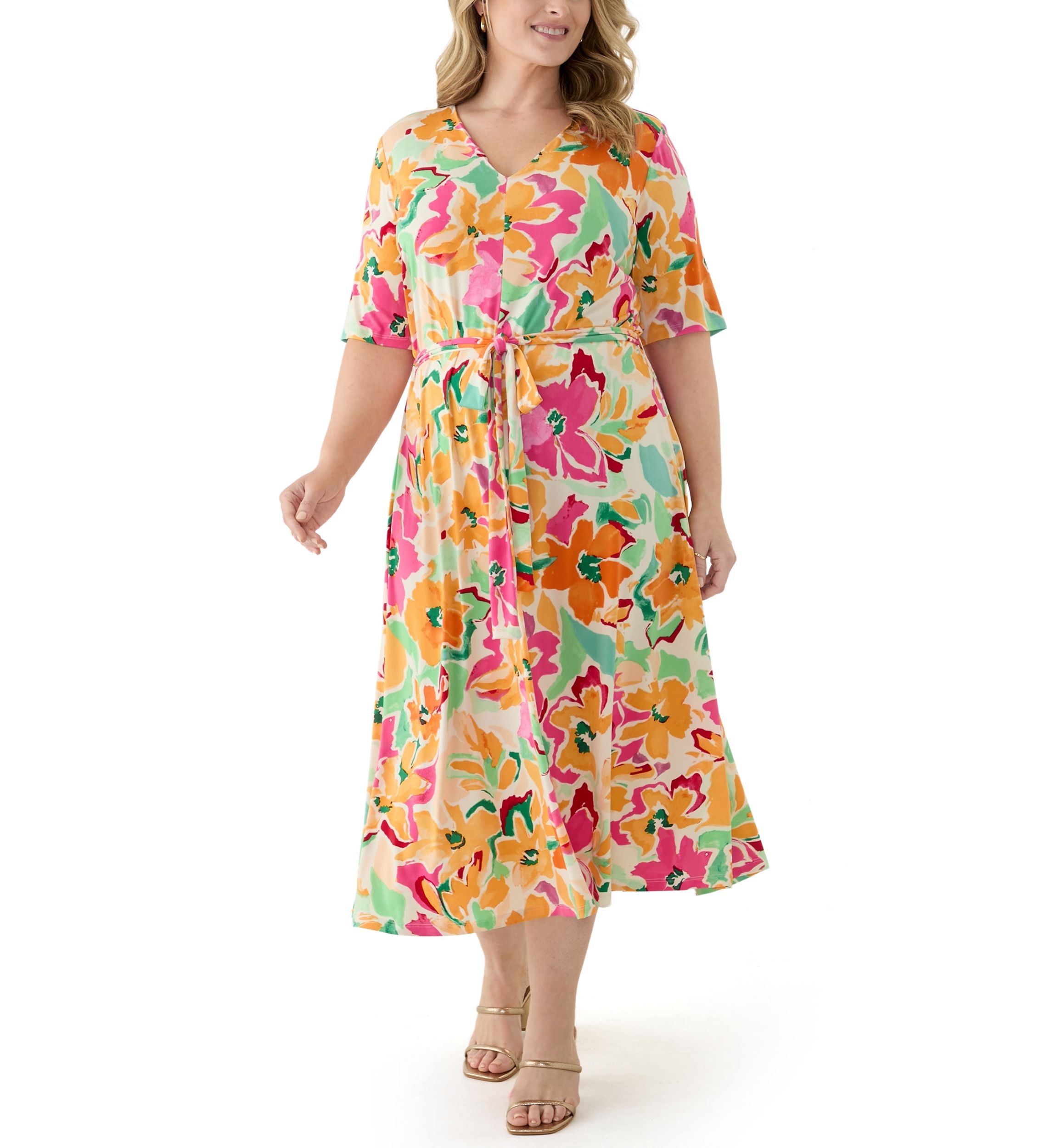 MSK Plus Size Elbow Sleeve V-Neck Floral A-Line Dress | Belk