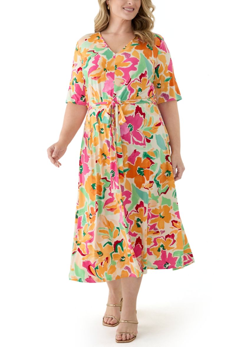 Plus Size Elbow Sleeve V-Neck Floral A-Line Dress