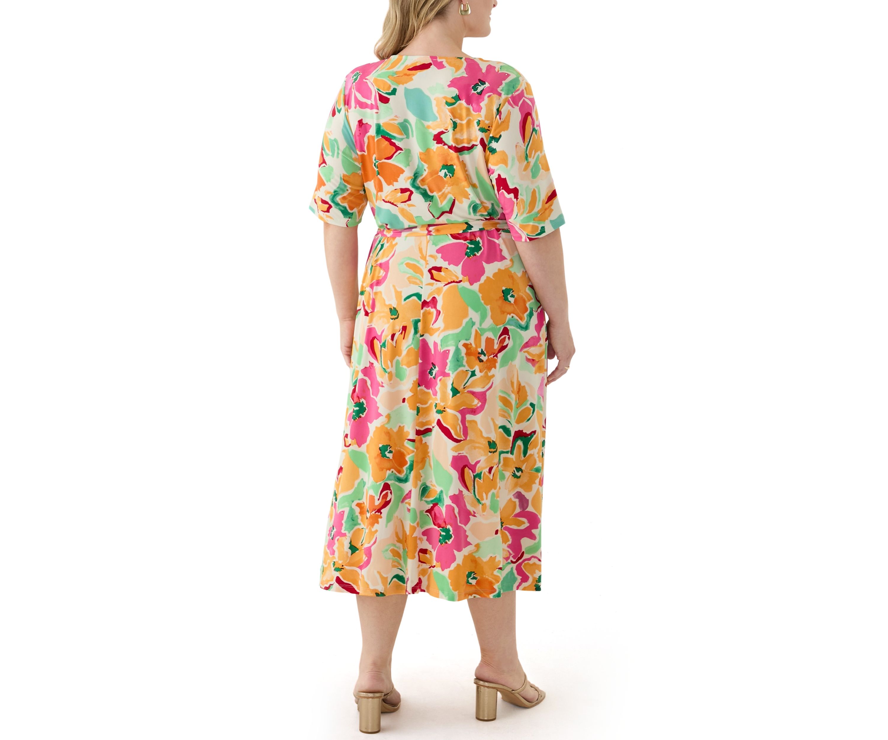 Plus Size Elbow Sleeve V-Neck Floral A-Line Dress
