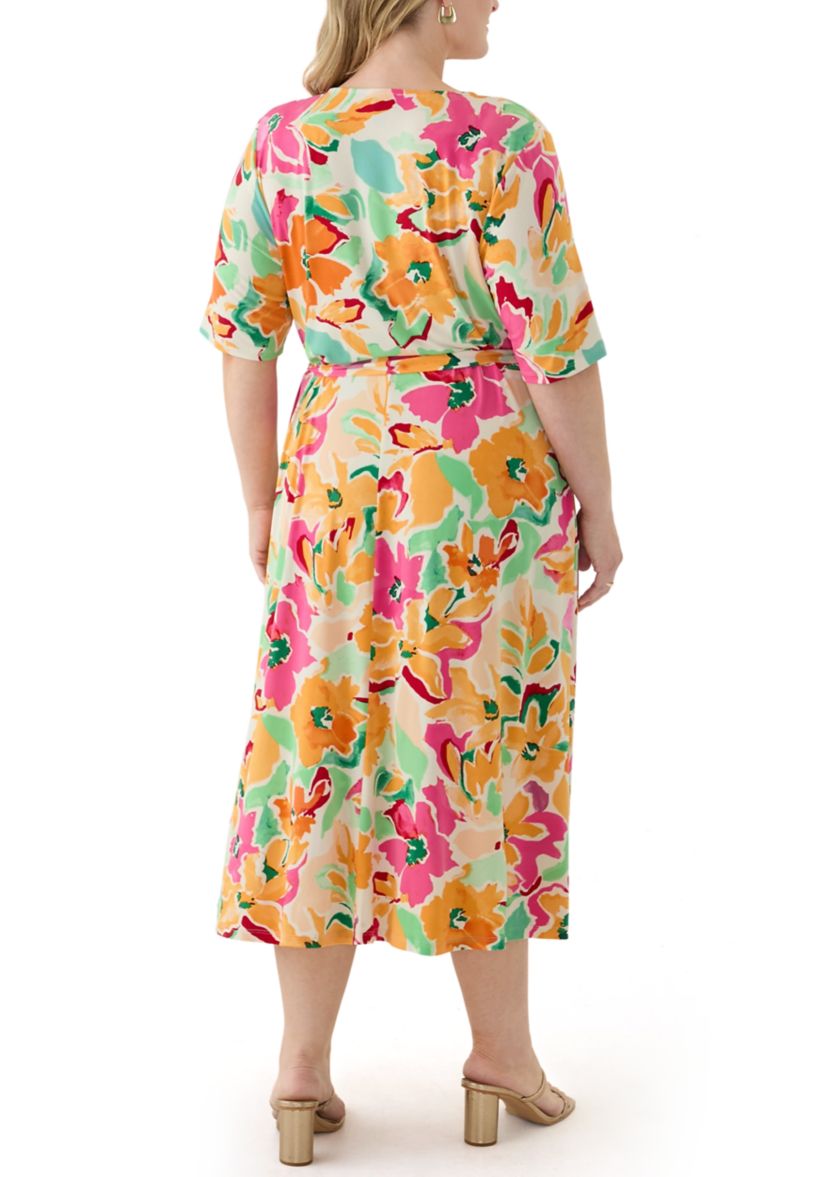 Plus Size Elbow Sleeve V-Neck Floral A-Line Dress