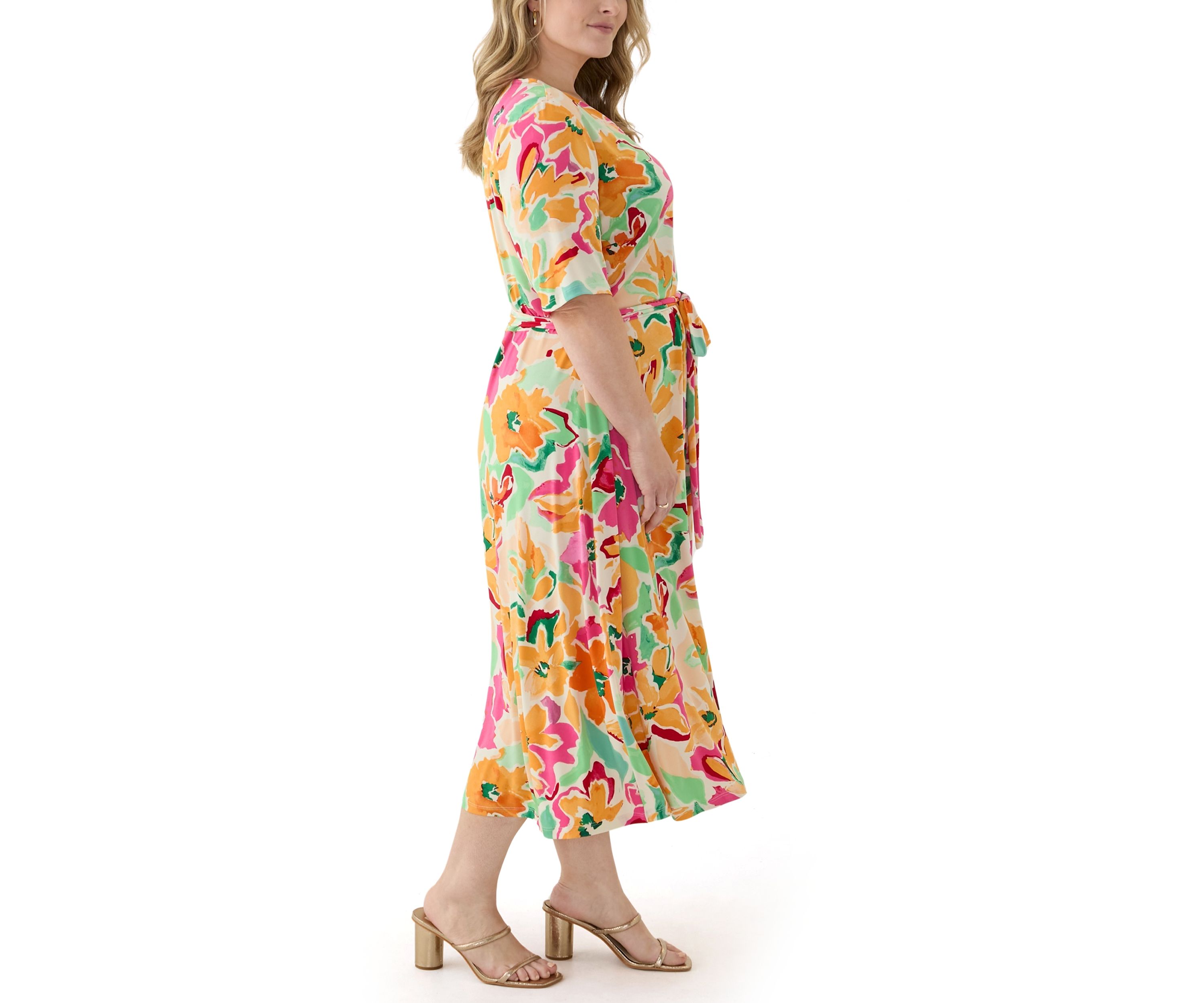 Plus Size Elbow Sleeve V-Neck Floral A-Line Dress