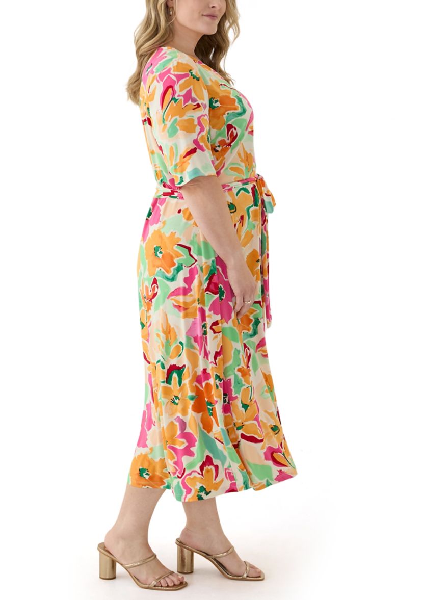 Plus Size Elbow Sleeve V-Neck Floral A-Line Dress