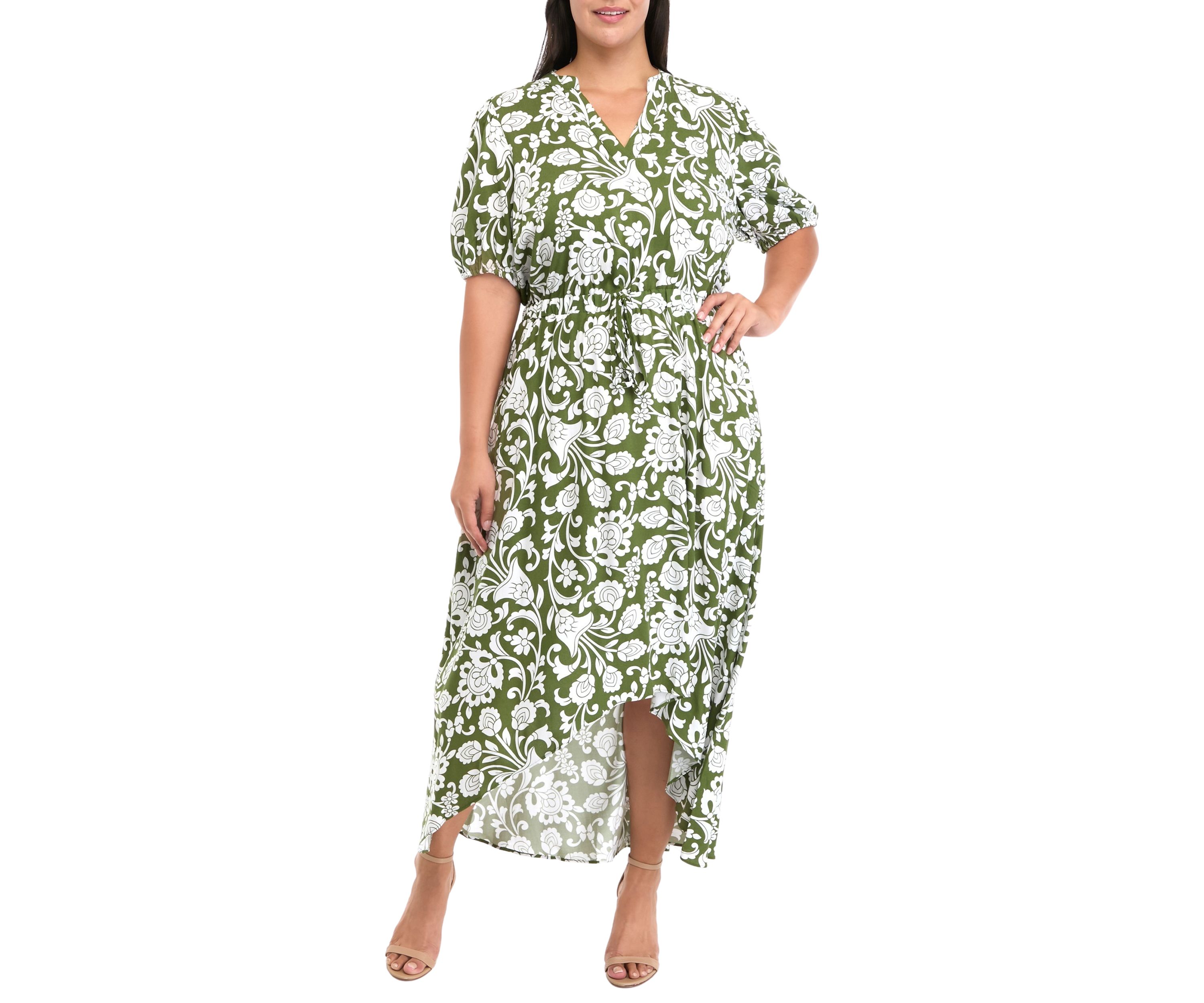Plus Size Puff Sleeve V-Neck Printed Fit and Flare Dress