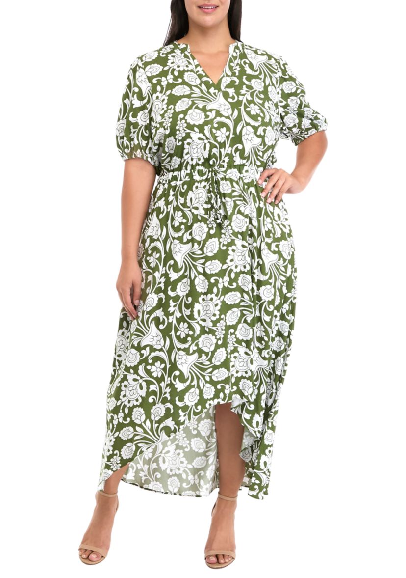 Plus Size Puff Sleeve V-Neck Printed Fit and Flare Dress