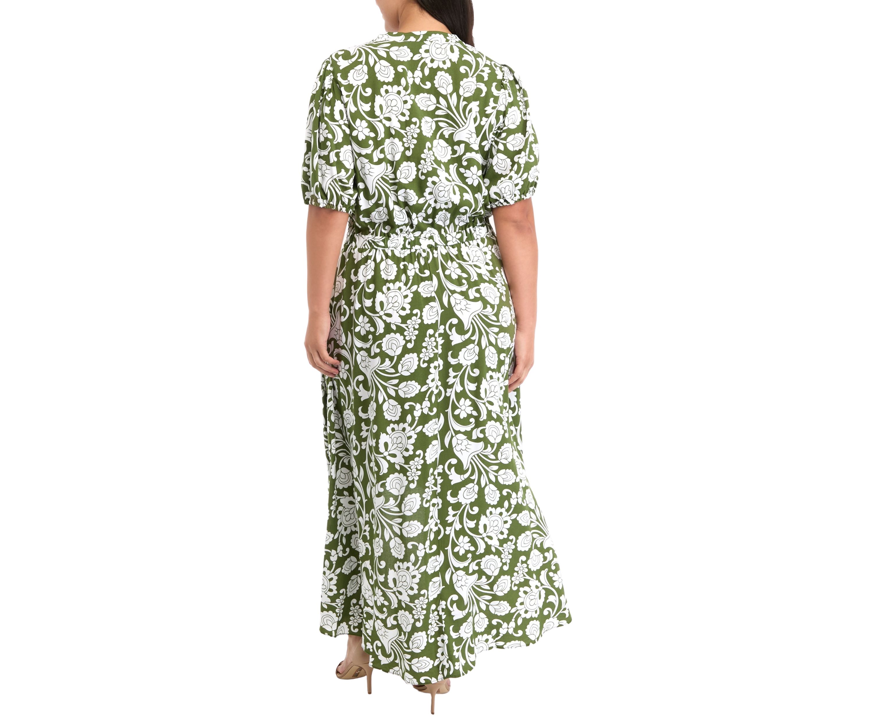 Plus Size Puff Sleeve V-Neck Printed Fit and Flare Dress