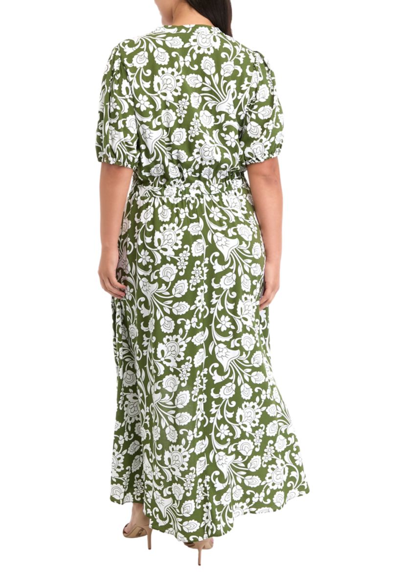 Plus Size Puff Sleeve V-Neck Printed Fit and Flare Dress