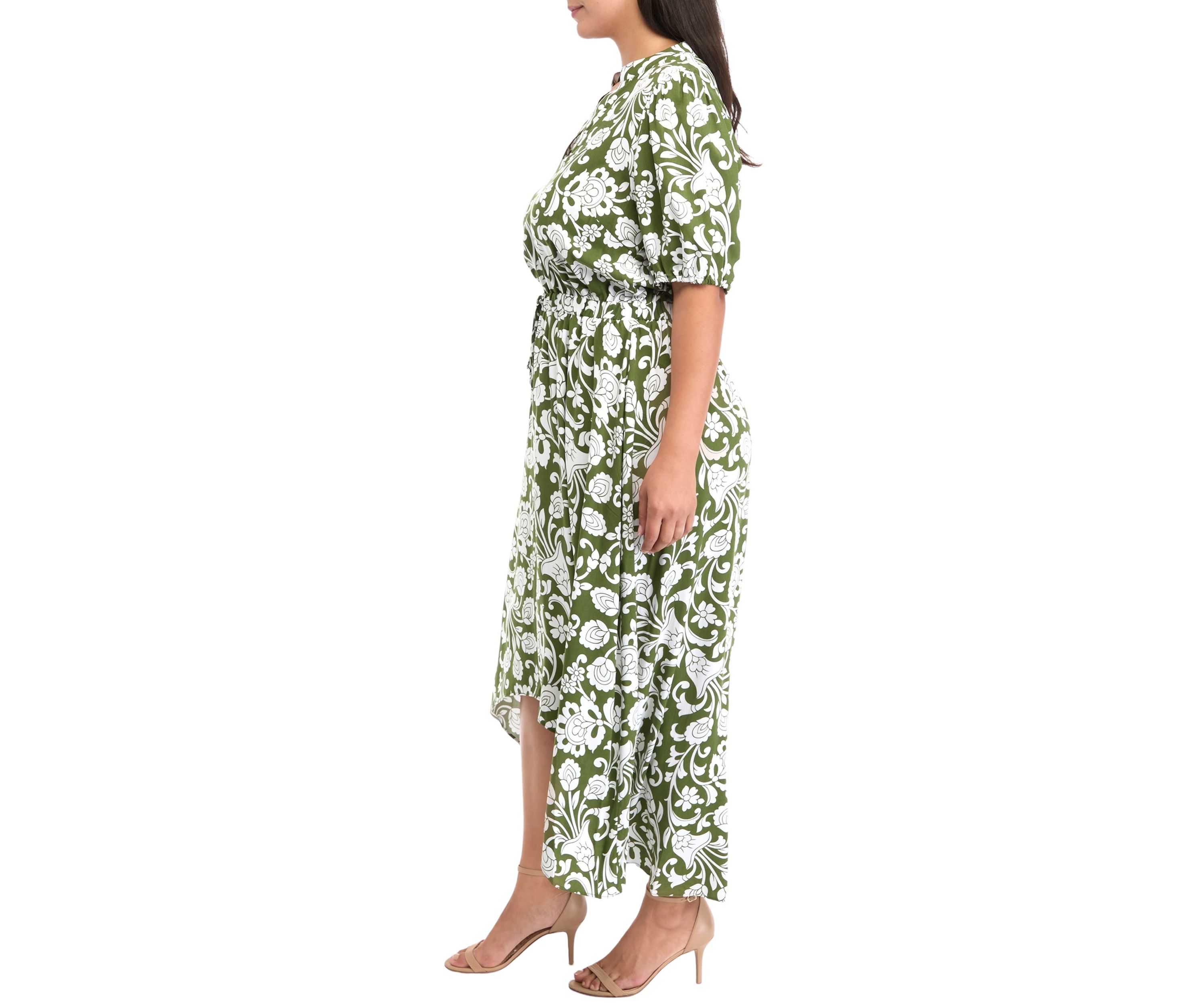Plus Size Puff Sleeve V-Neck Printed Fit and Flare Dress