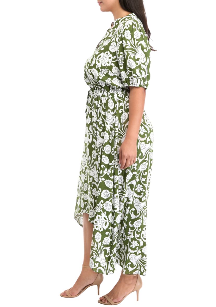 Plus Size Puff Sleeve V-Neck Printed Fit and Flare Dress