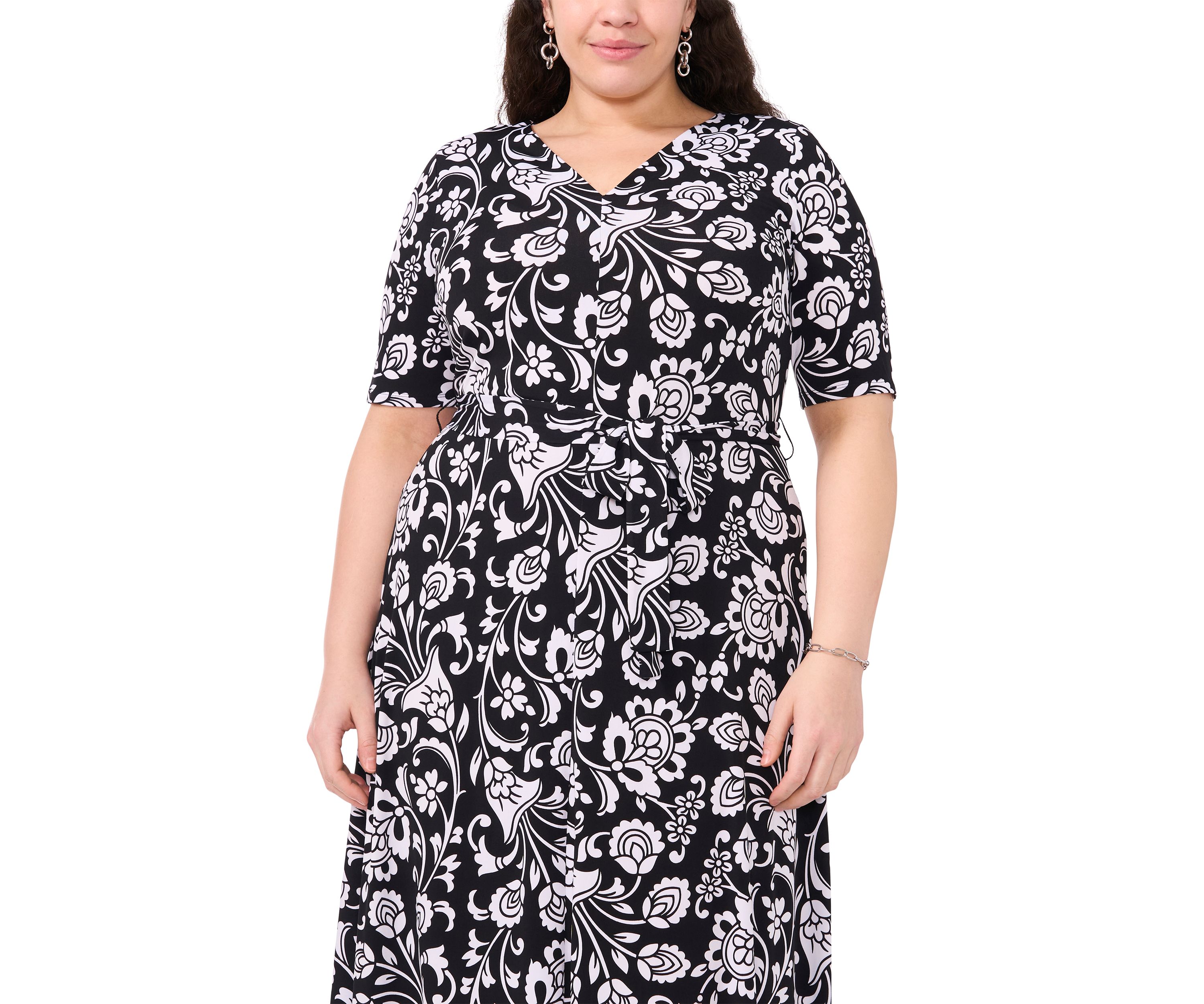 Plus Size Short Sleeve Floral Print Fit and Flare Dress